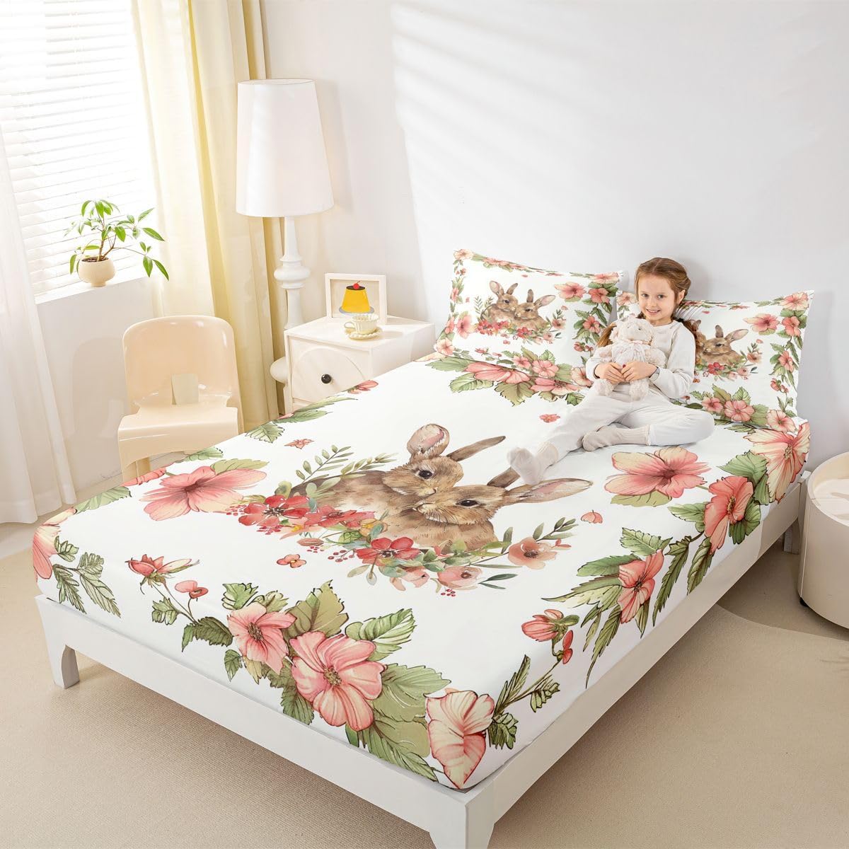 Rabbit Kawaii Bed Sheets Easter Decorations for The Home,Cute Pet Animal Fitted Sheet,Pastel Pink Flowers Sheet Set Queen,Green Leaves Boho Floral Easter Decor Easter Gifts for Adults