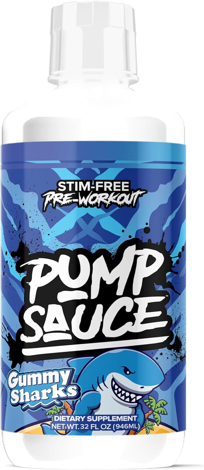 Pump Sauce Pre-Workout - 32 oz, Gummy Sharks, No Caffeine, Full Spectrum Liquid, Gluten Free, Vegan, Zero Sugar