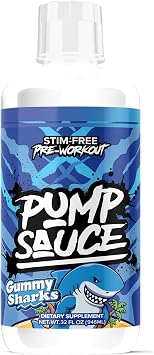Pump Sauce Pre-Workout - 32 oz, Gummy Sharks, No Caffeine, Full Spectrum Liquid, Gluten Free, Vegan, Zero Sugar