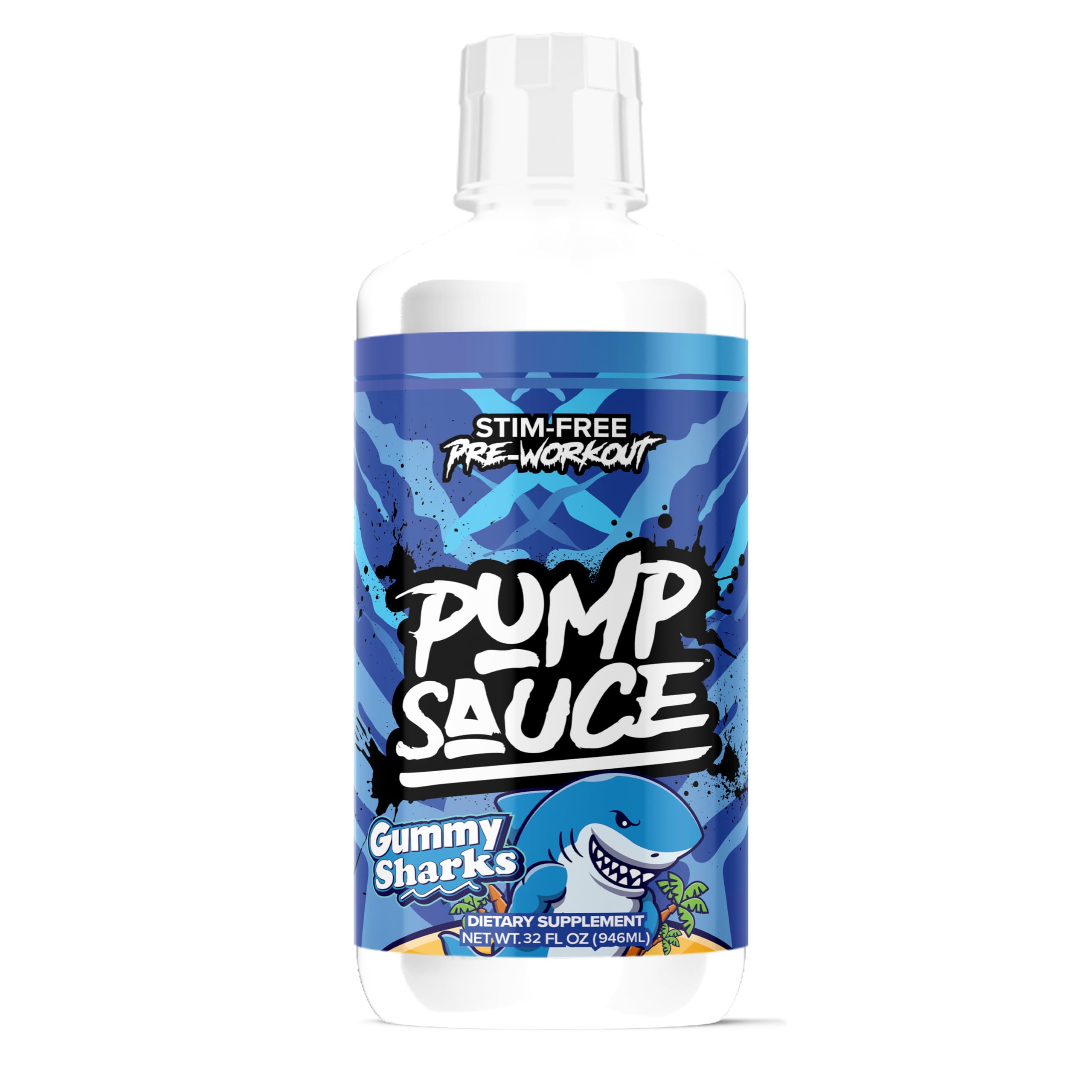 Pump Sauce Pre-Workout - 32 oz, Gummy Sharks, No Caffeine, Full Spectrum Liquid, Gluten Free, Vegan, Zero Sugar
