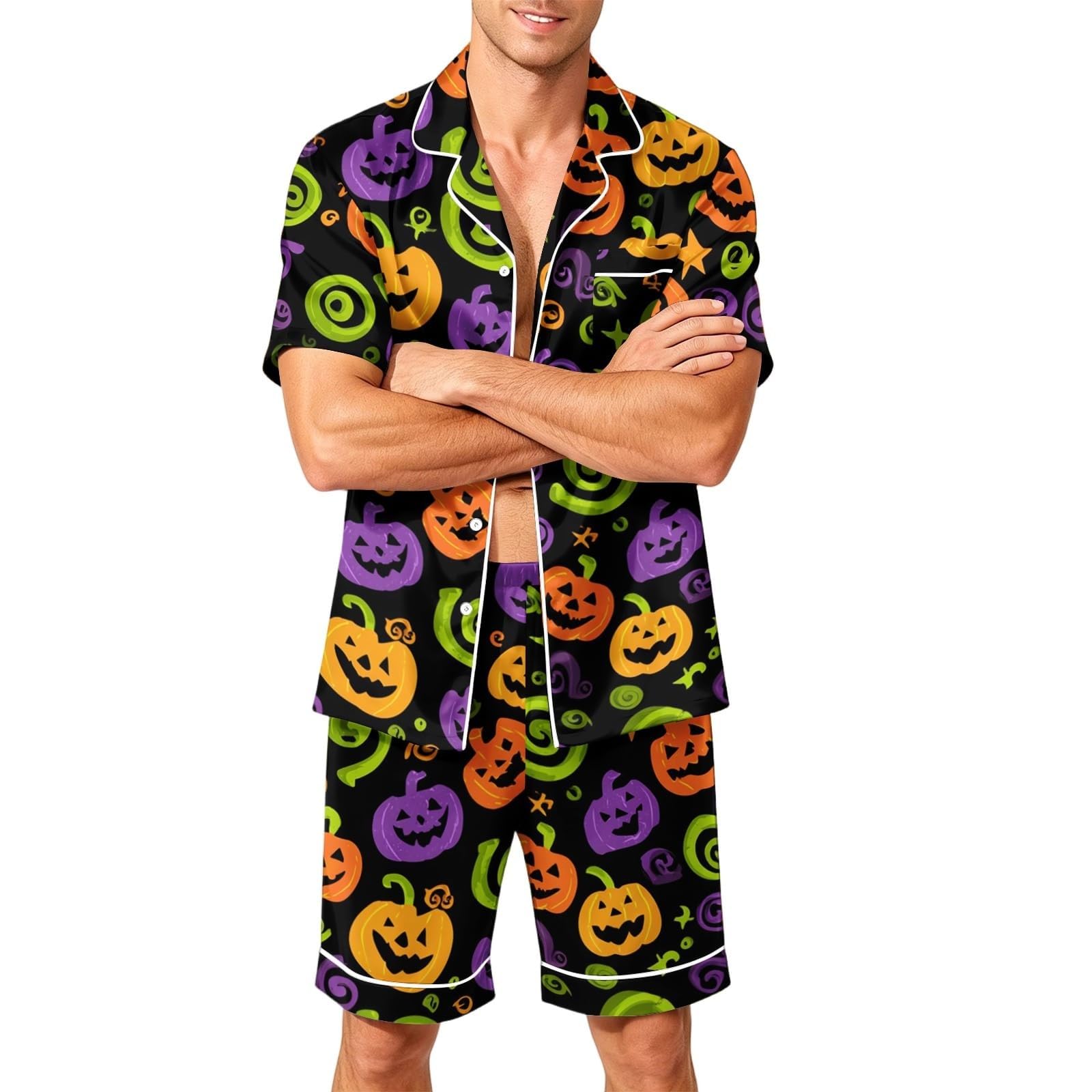 Generisch Pijama deportivo para hombre de manga corta con botones y pantalones cortos con estampado gótico, conjunto de ropa de dormir y ropa de dormir para las vacaciones para hombre (verde, XXXL)