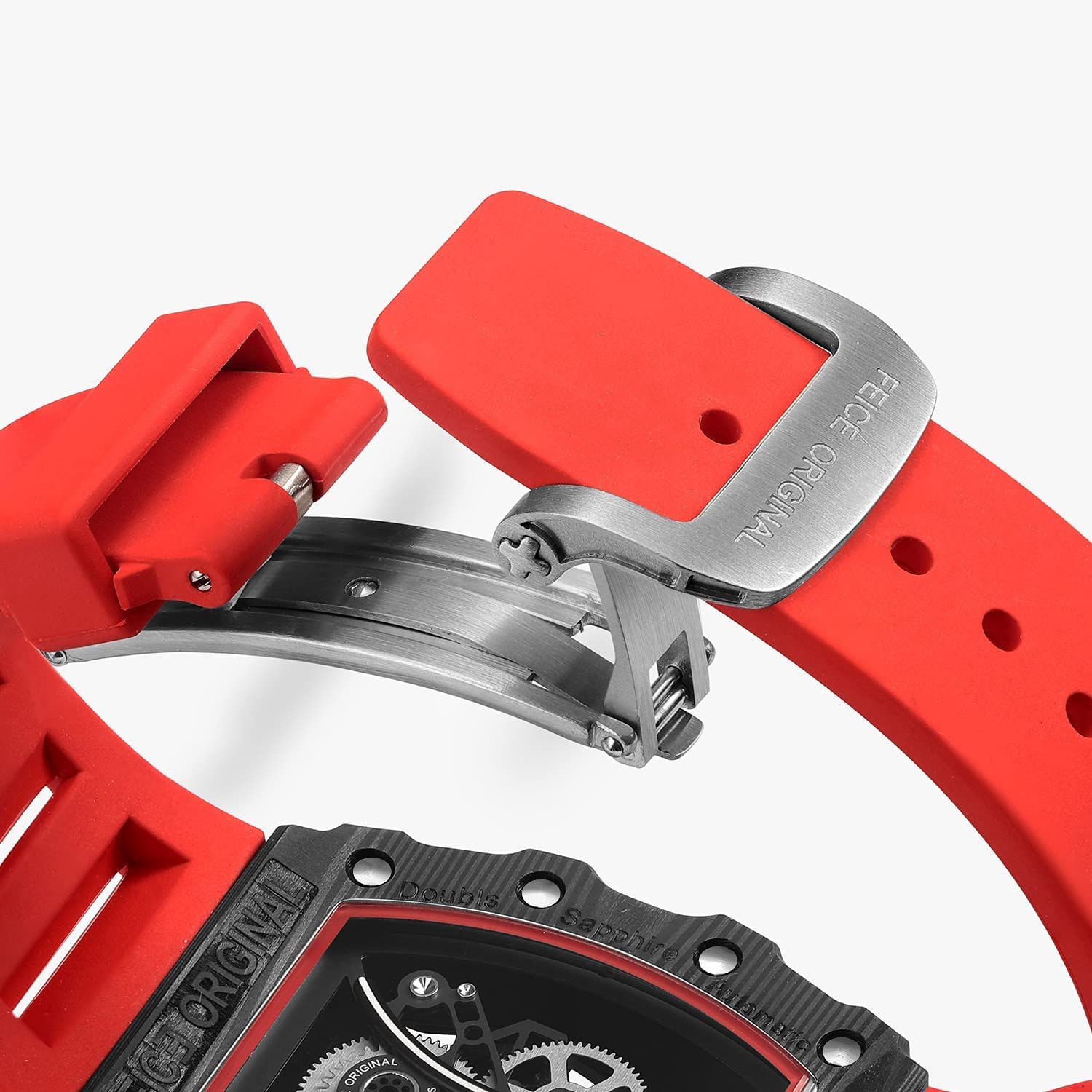 FEICE Orologio Scheletro da Uomo Orologio Automatico Vetro Zaffiro Orologi Meccanici Cassa Irregolare Movimento Giapponese Impermeabile Rosso