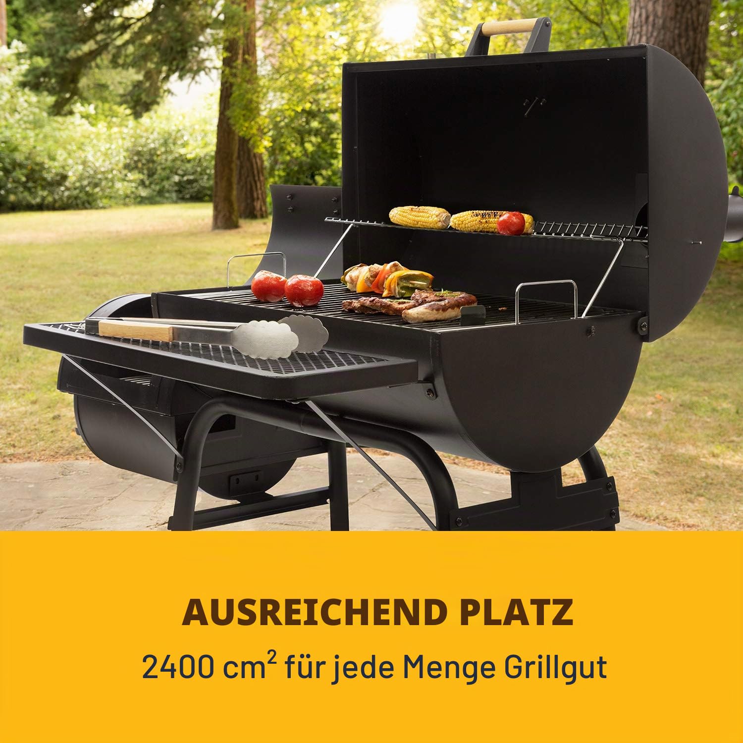 Klarstein Beef Brisket Smoker Grill - Holzkohlegrill/Smoker, rostfreie Grillroste aus Edelstahl, Thermometer im Deckel, 2 große Räder, ideale Wärmespeicherung, schwarz