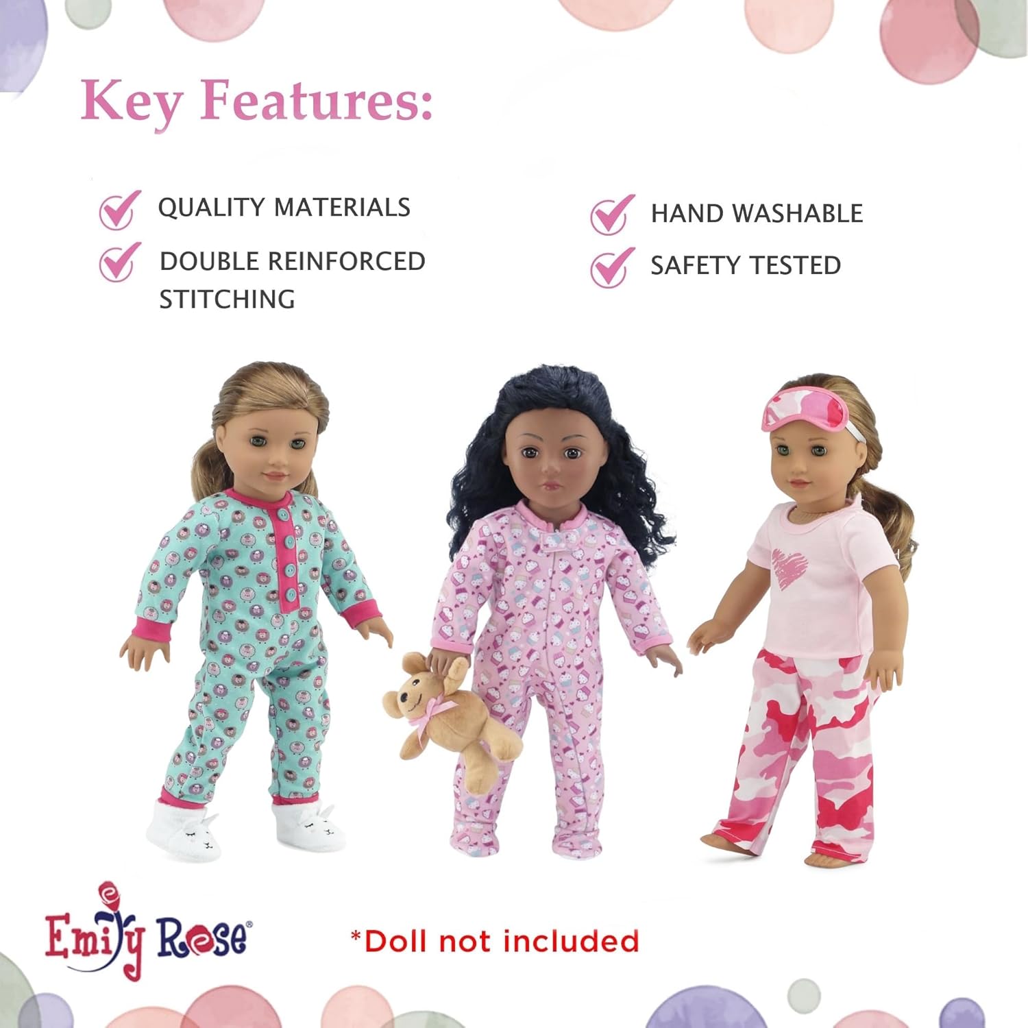 Emily Rose 18-inch Doll Pajamas 7-PC Set - Cupcake, Lamb & Pink Camo PJs with Teddy Bear - Sleeping Clothes Bundle for Dolls - Compatible with American Girl
