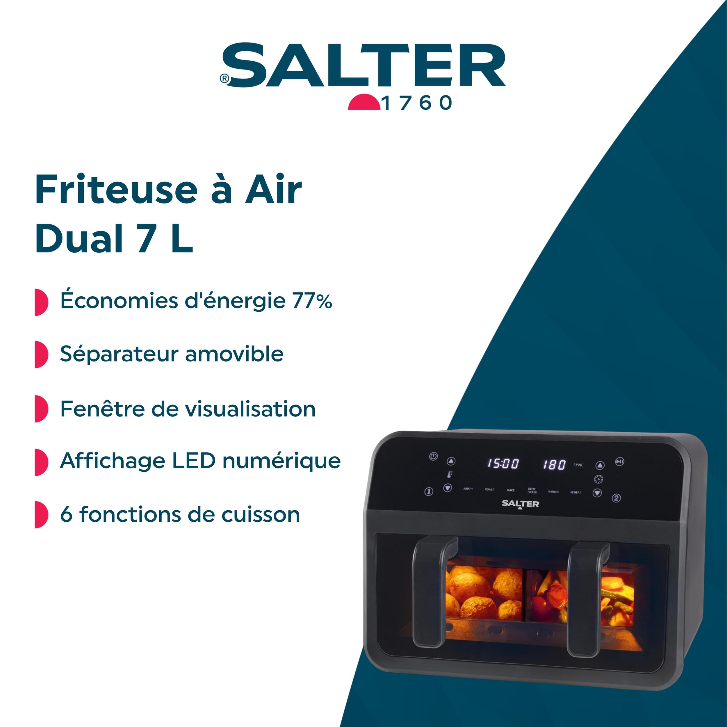Salter Dual View Friteuse à air – Plaque de cuisson antiadhésive de 7 L avec séparateur amovible, grande capacité familiale, fenêtre de visualisation, numérique à LED, 6 fonctions, 2300 W