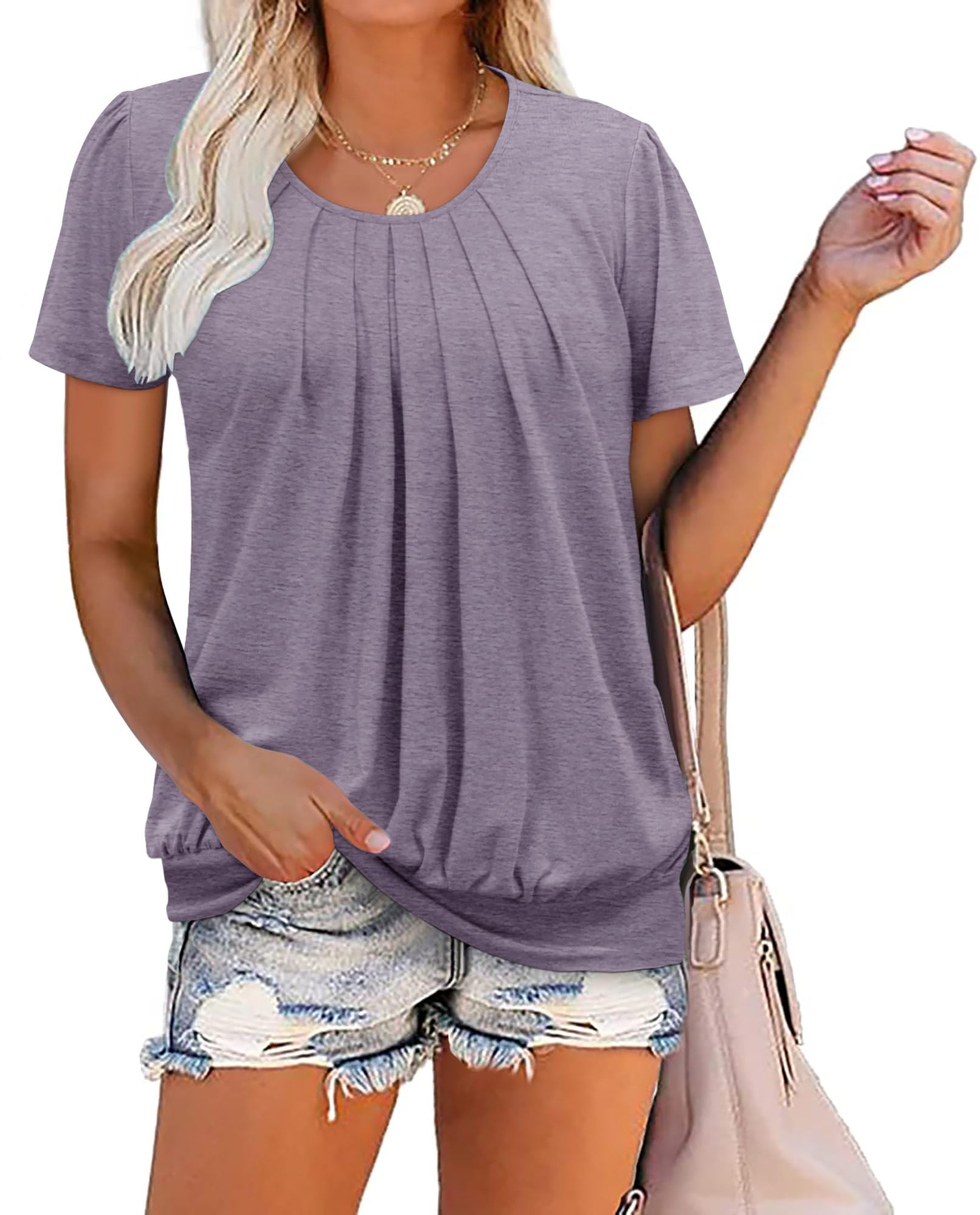ZOLUCKY Womens Casual Short Sleeve Tunic Tops Scoop Neck T Shirts Summer Loose Fit Tunics