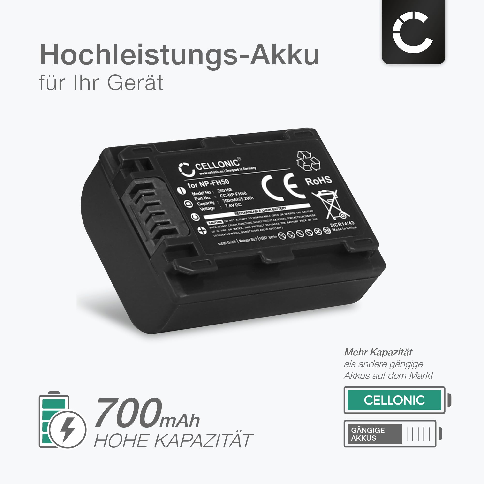 CELLONIC 2X Akku für Kamera Kompatibel mit Sony DSLR-A200 (α200), DSLR-A230 (α230), DSLR-A330 (α330), NP-FH50 - (700mAh, 7.4V) + Ladegerät