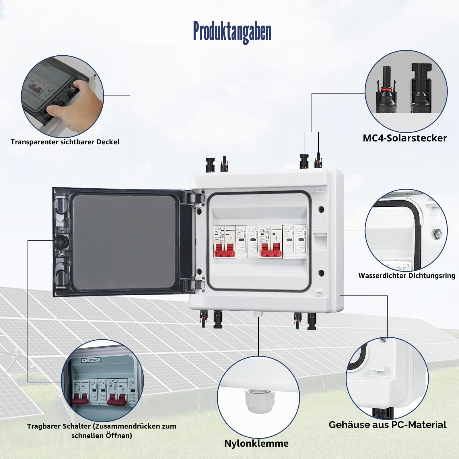 Überspannungsschutz PV, DC 40A/500V Trennschalter – Blitzschutz Leitungsschutzschalter IP65 wasserdicht, Solar Spannungsschutz für Photovoltaik 2 in 2 Out