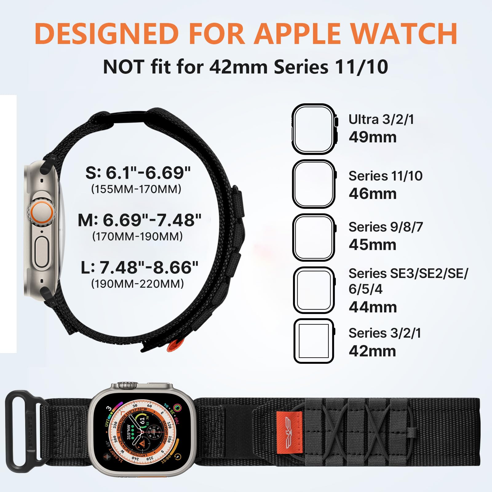 Bandletic Cinturino compatibile con Apple Watch 49mm 46mm 45mm 44mm 42mm | Nylon Cinturino Sport Outdoor per iWatch Ultra 3 2 1/Series 11 10 9 8 7 SE SE3 SE2 SE 6 5 4 3 2 1