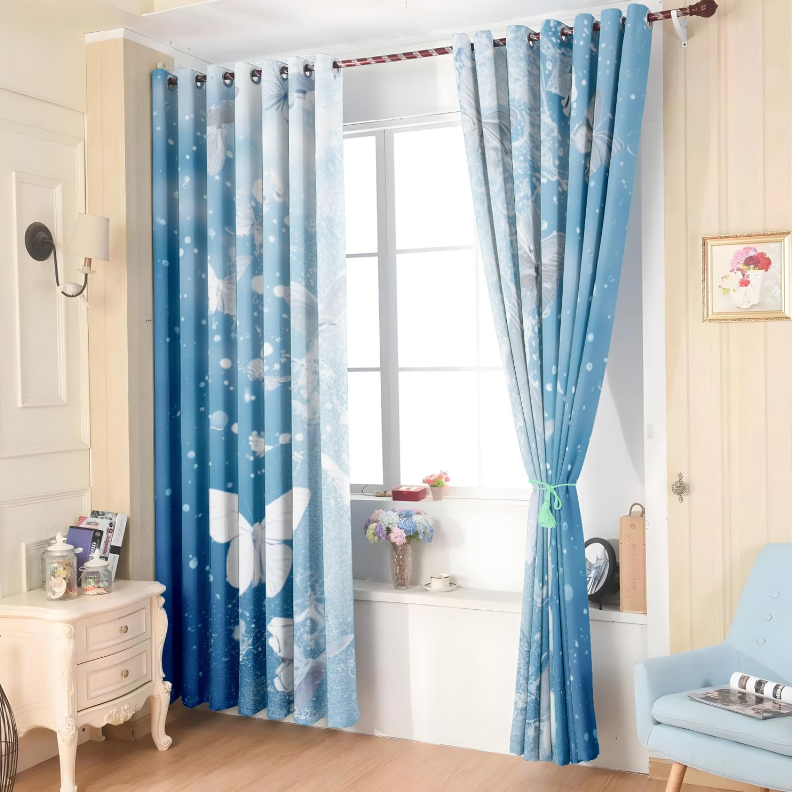 Curtain Grau Weiß Blau Vorhang mit Ösen Verdunkelungsvorhänge Polyester Gardinen Blackout Curtain Living Room Vorhänge mit Ösen Schlafzimmer Verdunklungsvorhang Thermogardine 2x140x260cm