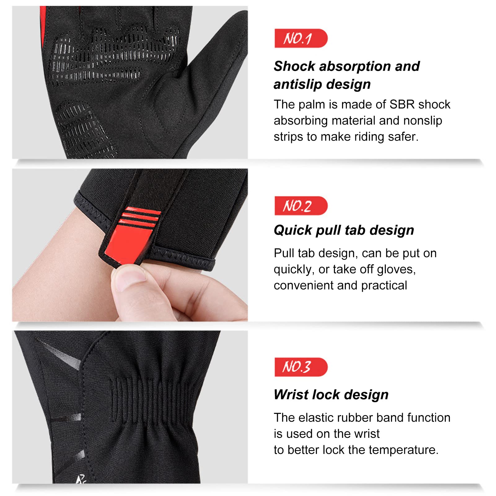 Guantes de Ciclismo de Invierno a Prueba de Viento Impermeables amortiguadores cálidos Negro Rojo 2 Pares