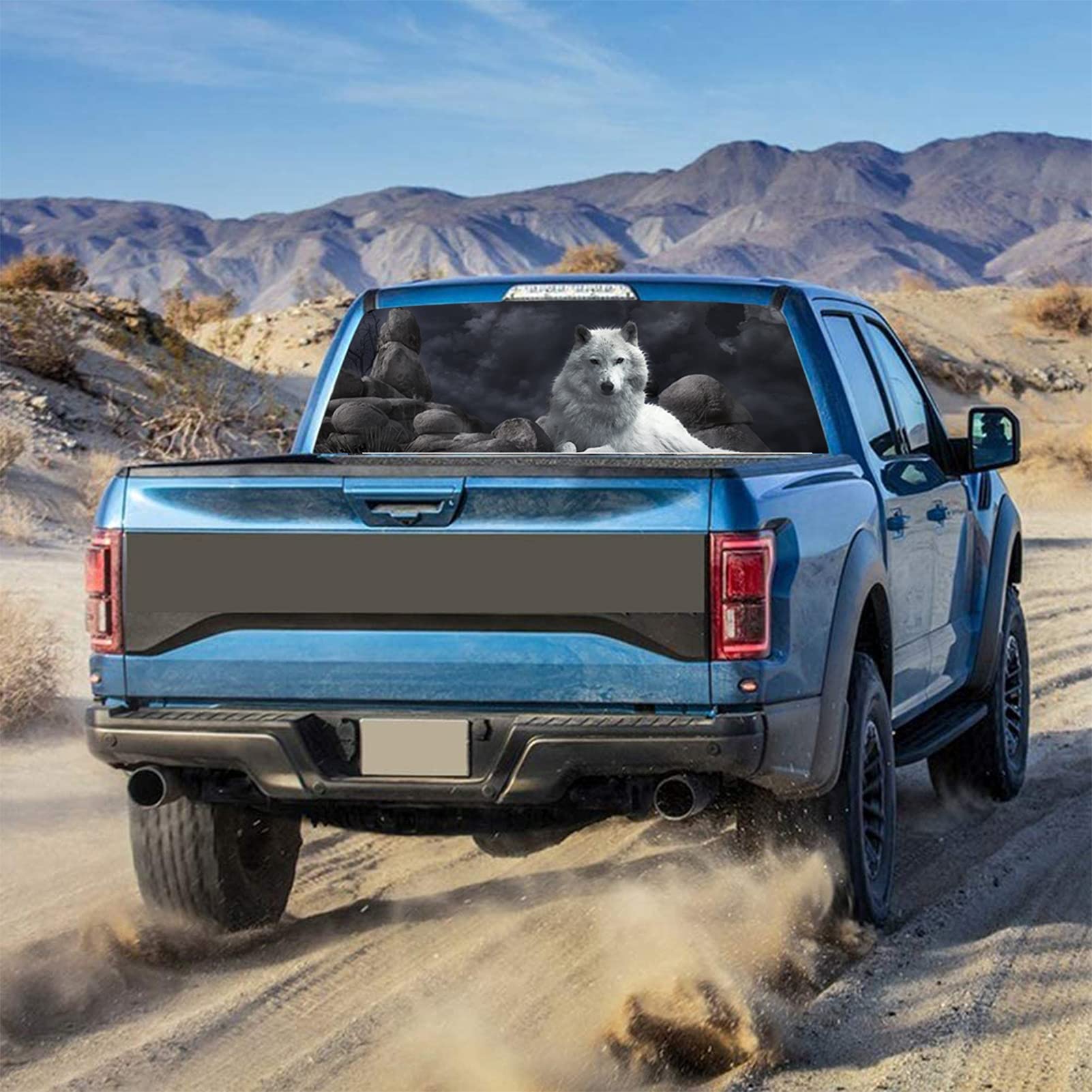 Naklejka winylowa 3D na tylną szybę samochodu, perforowana, przezroczysta naklejka na tylną szybę samochodu ciężarowego Arctic Wolf Graphic Truck