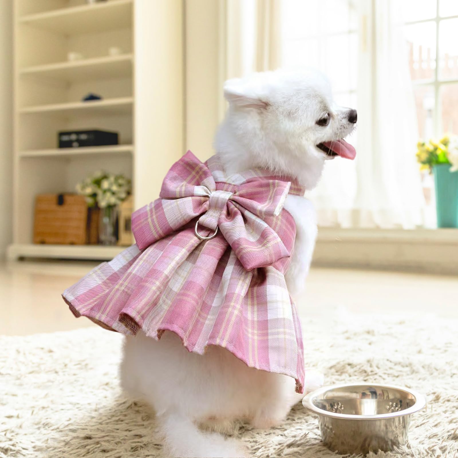 Baipesiy Dog Plaid Dress with Large Bow and Adjustable Harness Leash, Vest Style Skirt for Small Dogs and Cats, Cute Girl Dog Clothes, for Birthdays, Weddings, Parties, and Photoshoots (M, Dark Pink)