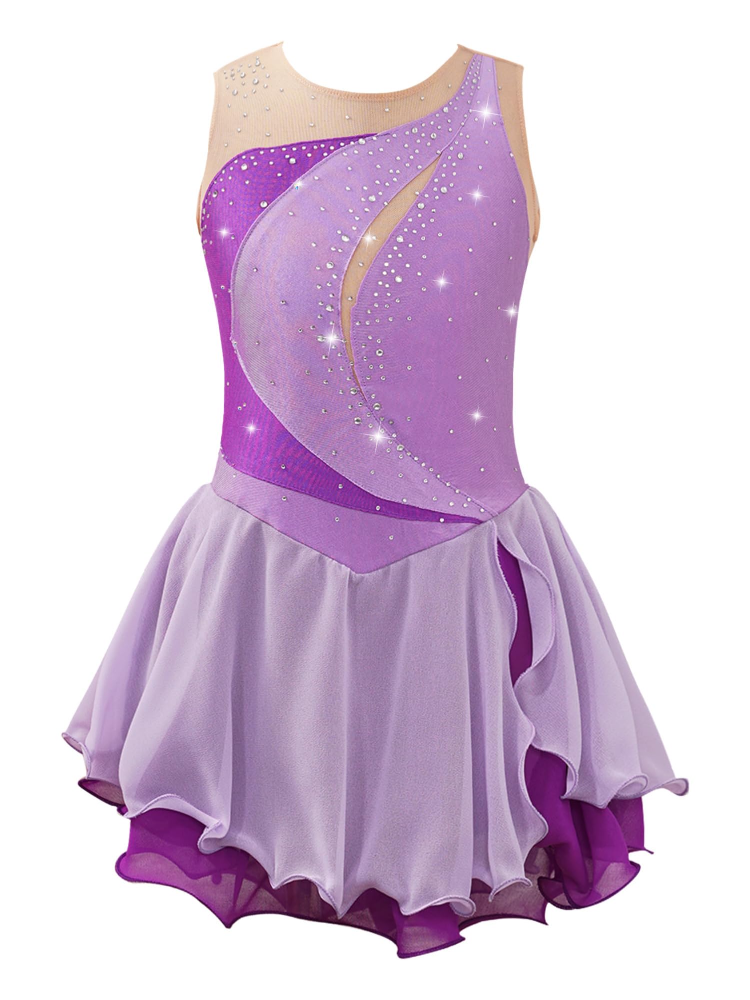IEFIEL Vestido de Patinaje Artístico para Niña Maillot Ballet con Falda Malla de Gimnasia Rítmica sin Mangas con Lentejuelas Brillantes Vestido de Danza Lírica — view 16