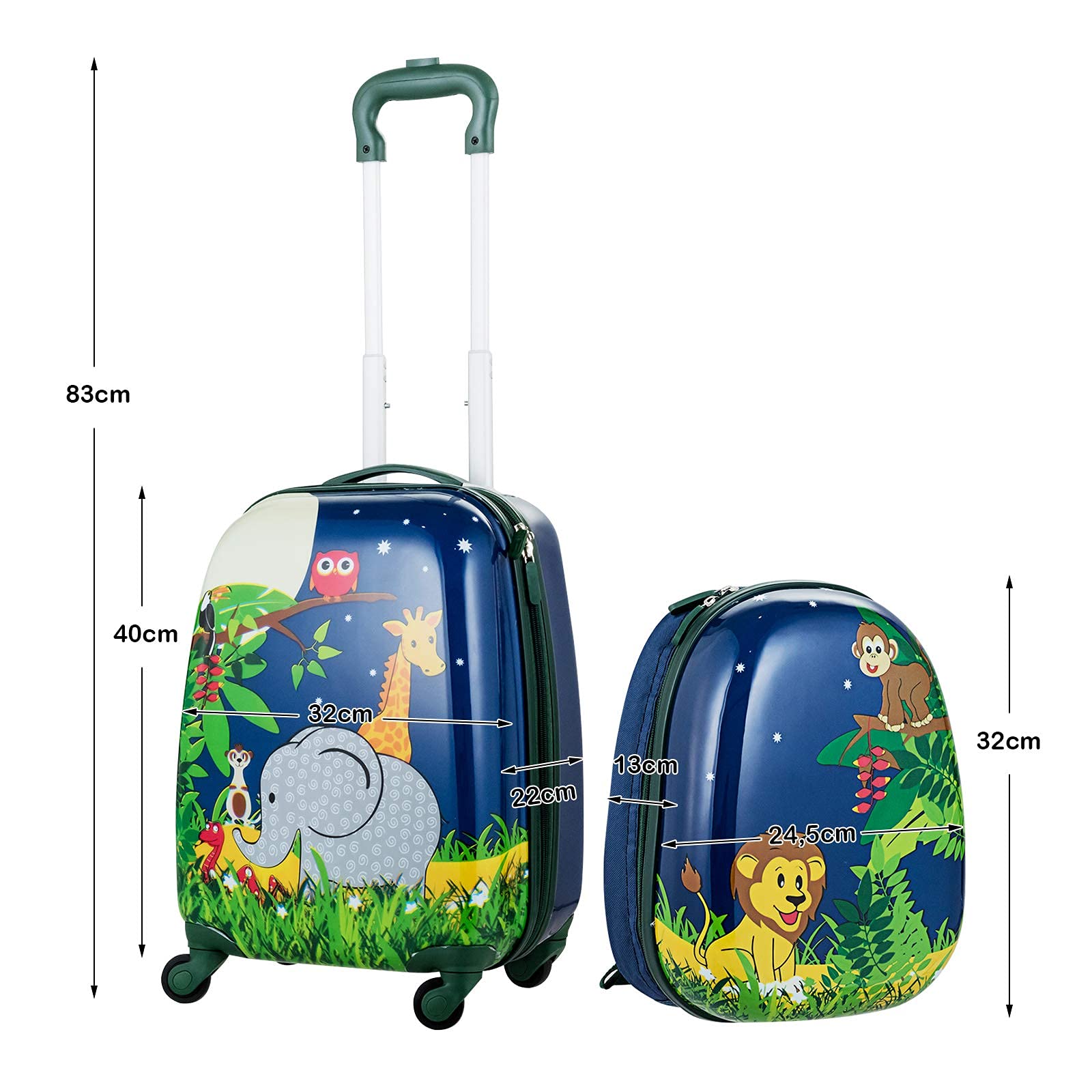 RELAX4LIFE Set Valigia Bambini 2 in 1 Animali Selvatici Blu Notte (Trolley16 + Zaino 12") con Ruote 360°, Maniglia Regolabile, Zaino con Piedini|ABS Resistente|Ideale per Viaggi e Scuola