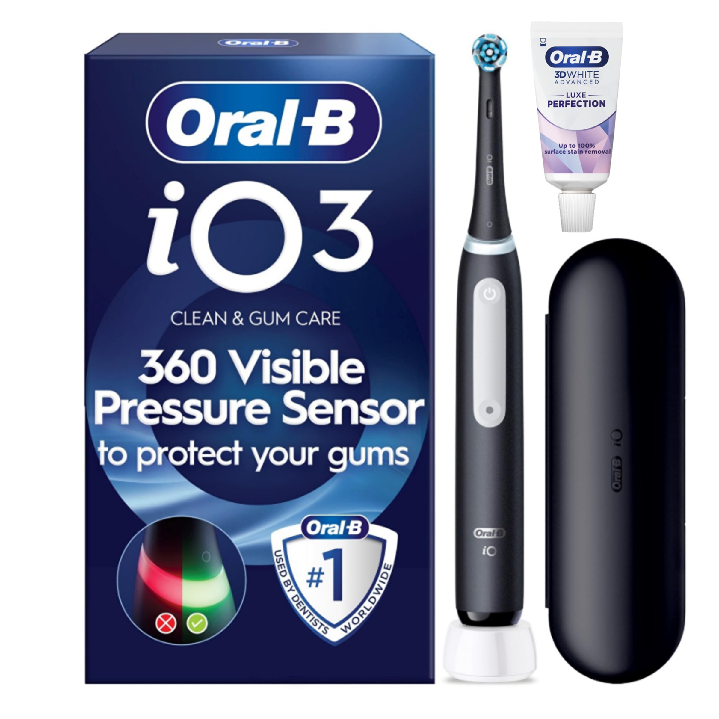 Oral-B iO3 Electric Toothbrush, Matt Black, with Travel Case and Toothpaste