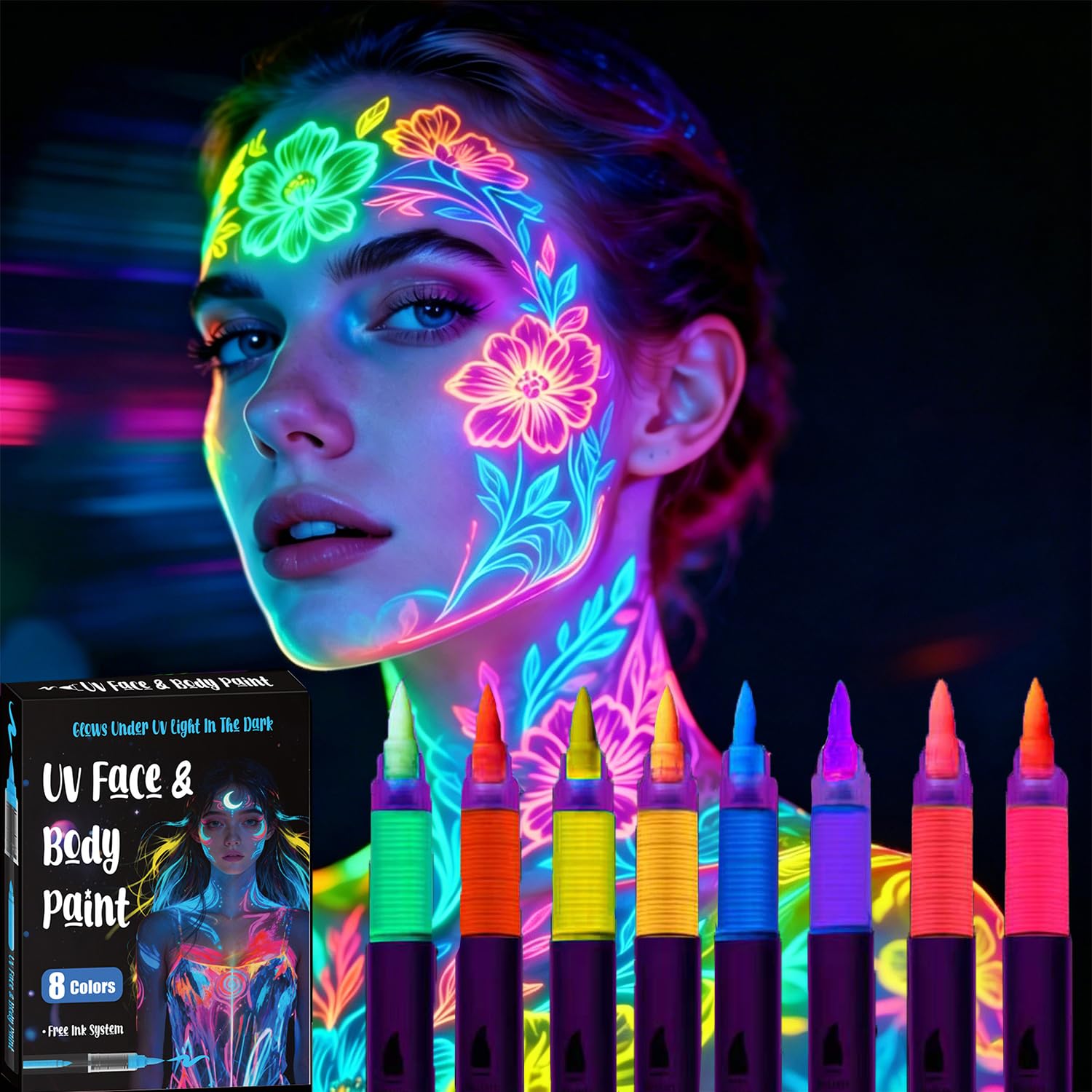 8 PCS Glow Face Body Paint, UV Neon Face Paint Brush, Glow-in-the-Dark Under Black Light Face Paint Set, Washable Skin Tattoo Pen, Halloween Party Makeup