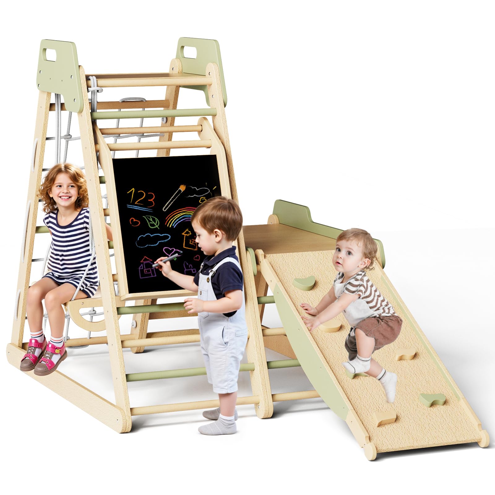 Triángulo de Escalada Infantil 12 en 1 Gimnasio Montessori Psicomotricidad Parque Interior para Niños Estable Conjunto de Juguetes de Madera con Tobogán, Muro, Red, Balancearse, Pizarra 1+ Años