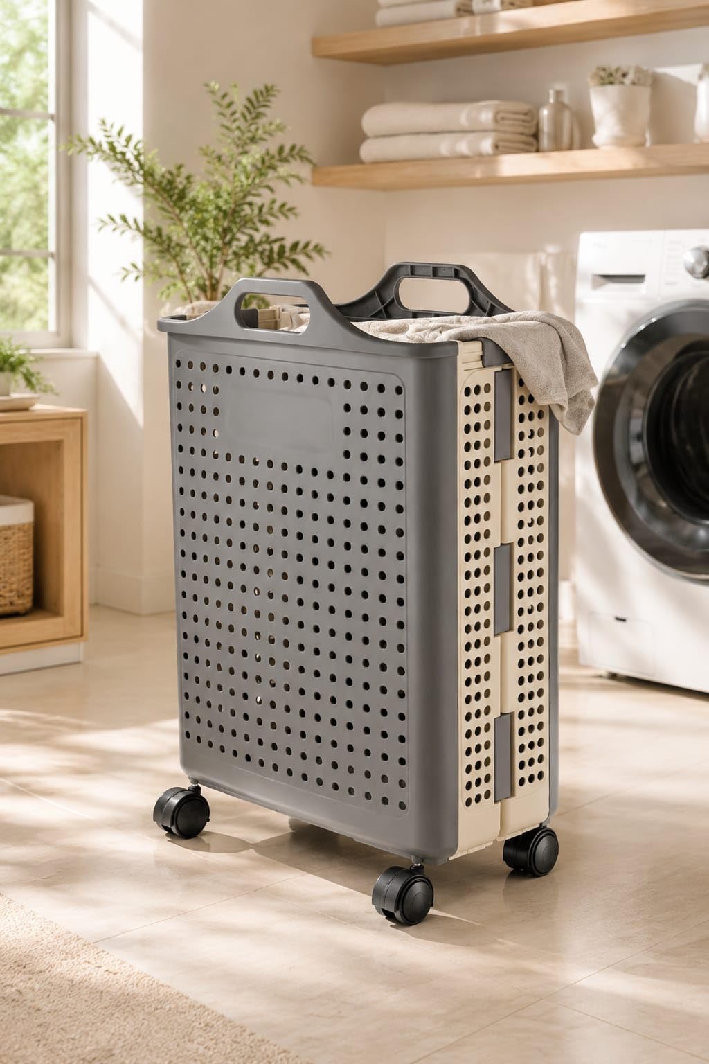 Collapsible Foldable Plastic Laundry Basket with Wheels, with Handles, Ventilated Clothes Storage Bin for Bathroom, Bedroom & Laundry Room Capacity 60 litres (Grey, 55 x 35 x 20 cm)-picture-23
