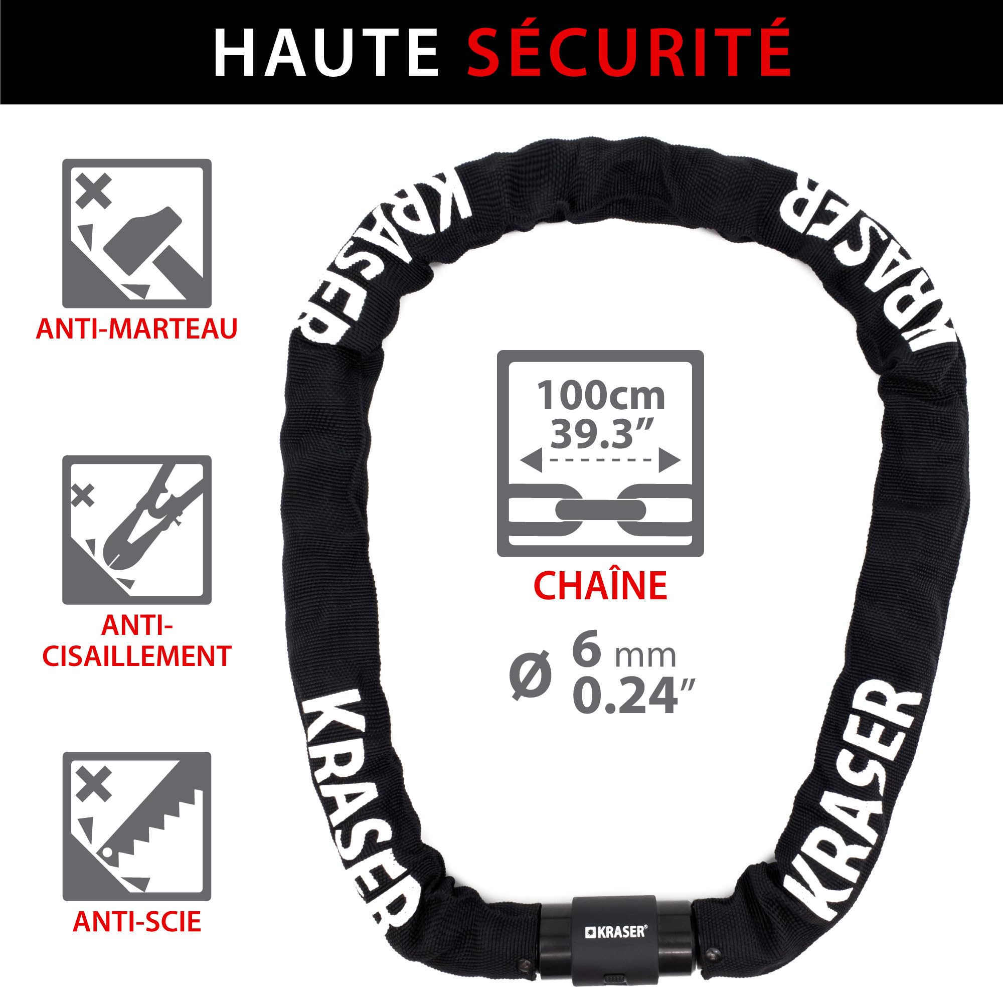 KRASER KR620 Chaine Antivol Velo Maillons en Acier ø6mm, 120cm, Serrure de Sécurité et Capuchon, Chaine Légère, Antivol Moto, Verrouillage Roue, Blocage Universel Scooter, Vélo Électrique, Trottinette
