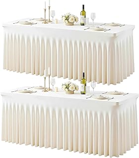 2 Pack 6ft Ivory Spandex Table Cloths for Rectangle Tables Wrinkle Free Ivory Rectangle Tablecloths Stretch Fitted 6 foot Table Cover with Skirt for Wedding Birthday Party Banquet Baby Shower Buffet