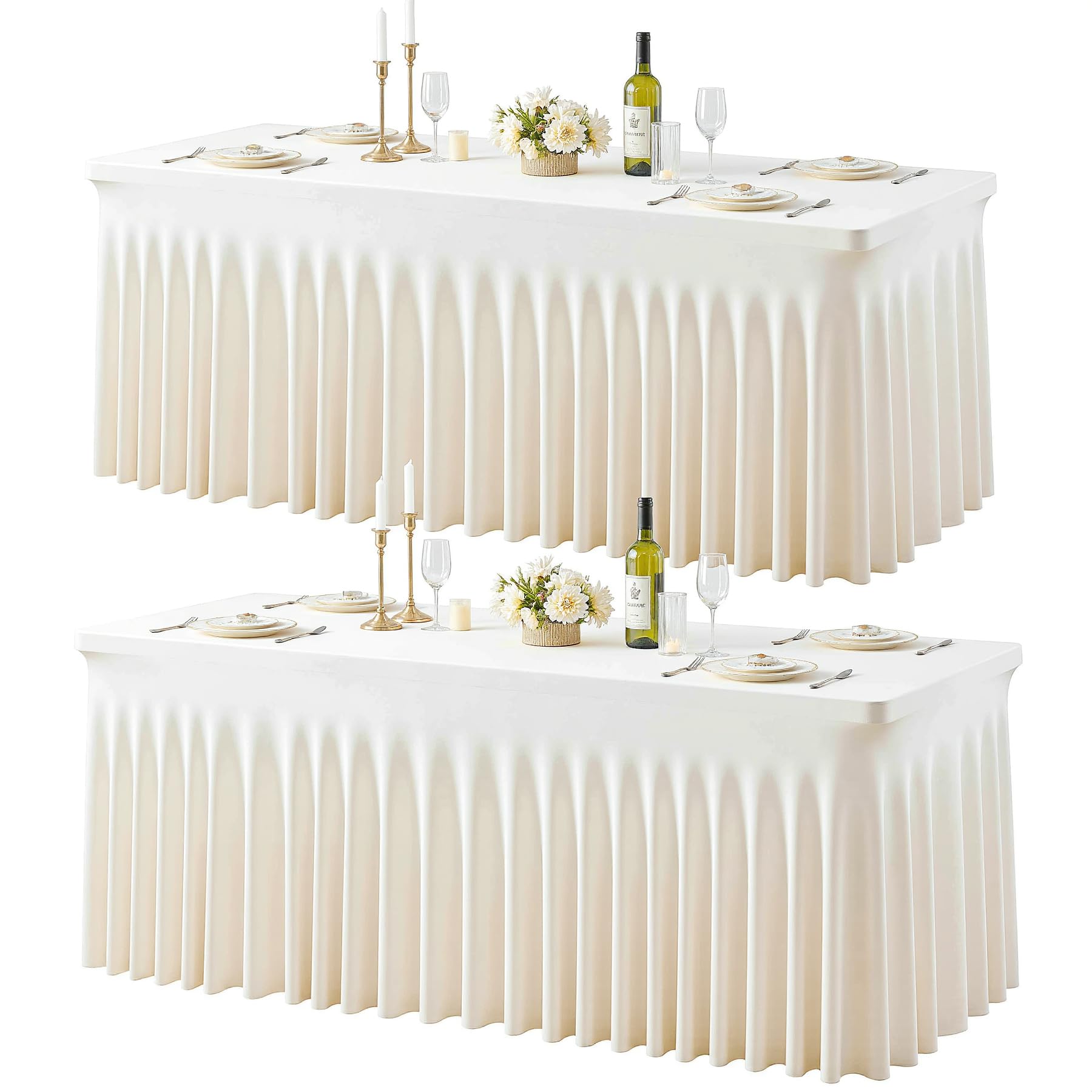 View 1 of [STAINED] 2 Pack 6ft Ivory Spandex Table Cloths for Rectangle Tables Wrinkle Free Ivory Rectangle Tablecloths Stretch Fitted 6 foot Table Cover with Skirt for Wedding Birthday Party Banquet Baby Shower Buffet