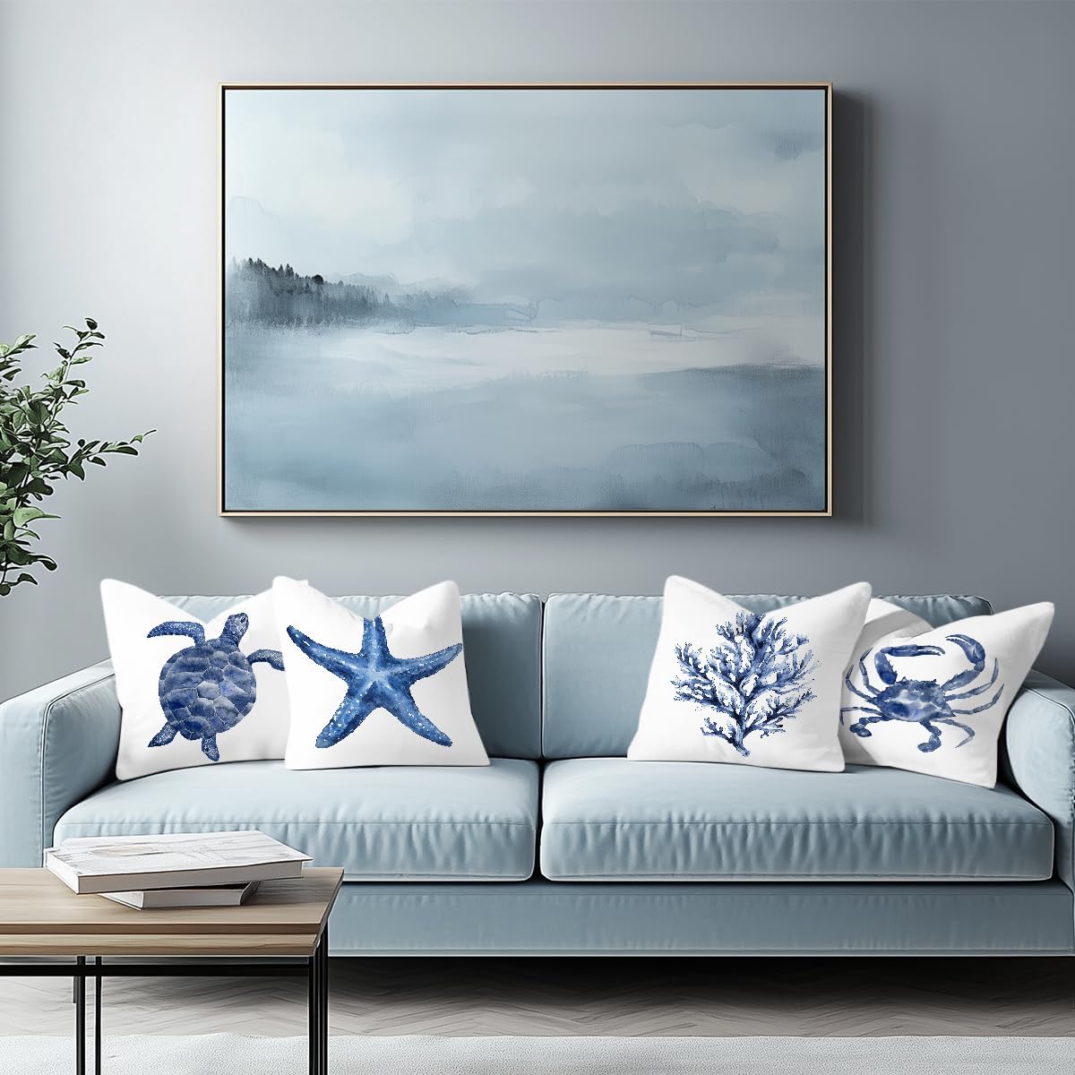 4Pcs Sea Life Coastal Throw Pillow Covers 18x18 Inch, Indigo Blue Summer Room Decor Cushion Covers, Beach Decorative Pillows for Couch Sofa Living Room Bedroom, Starfish Turtle Crab Coral Decor - Image 2