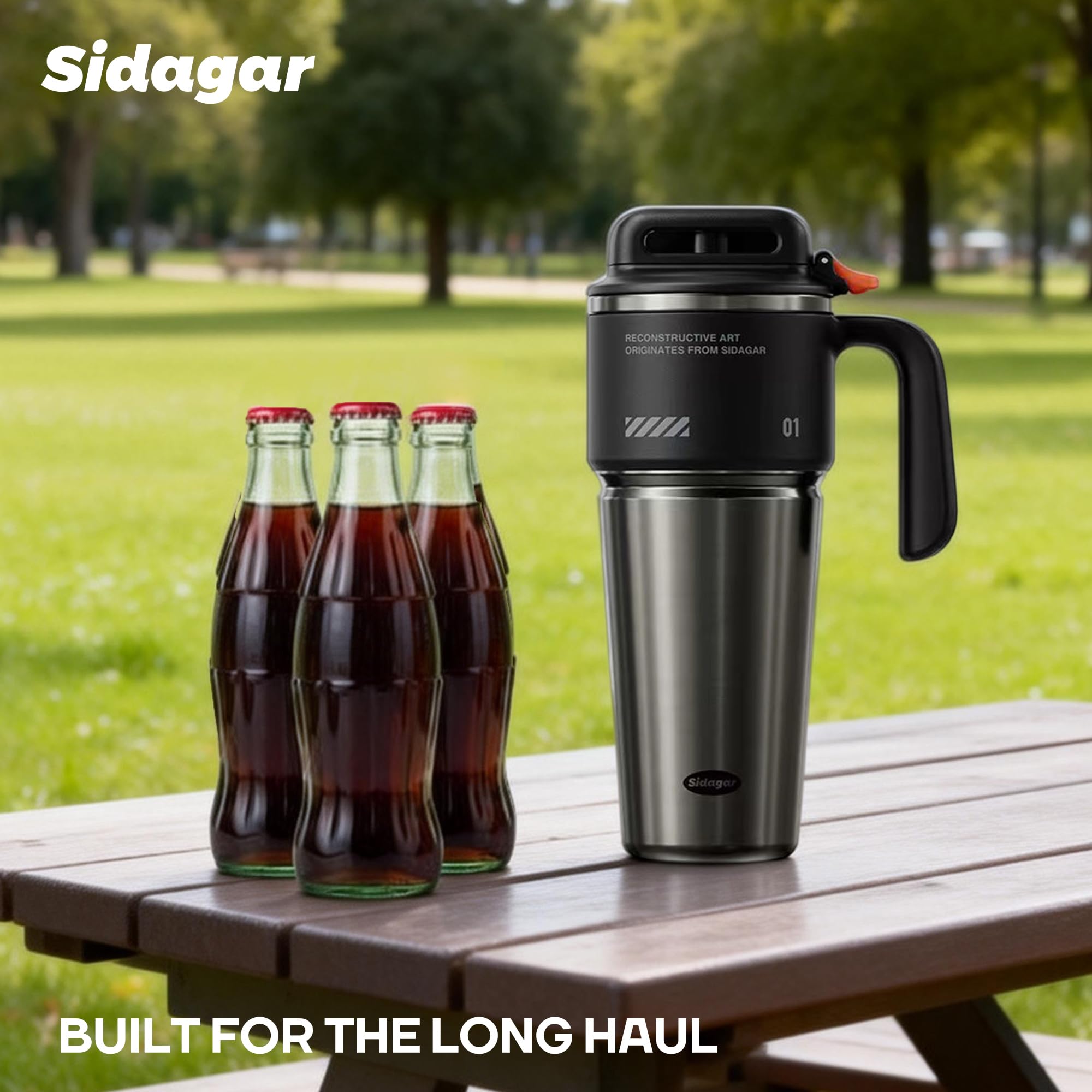 Gourde Isotherme 1L avec Poignée, Mug de Voyage Inox, Bouteille d’Eau avec Ouverture à Bouton, Anti Fuite, Thermos Compatible Porte-Gobelet, Noir