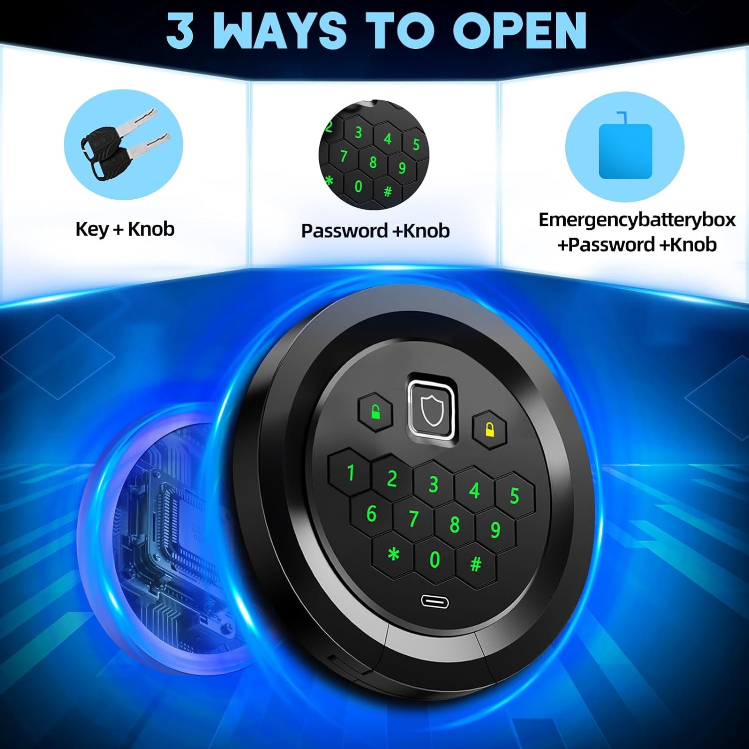 Diagram showing three methods to open the QIRANUI gun safe: Key + Knob, Password + Knob, and Emergency Battery Box + Password + Knob.