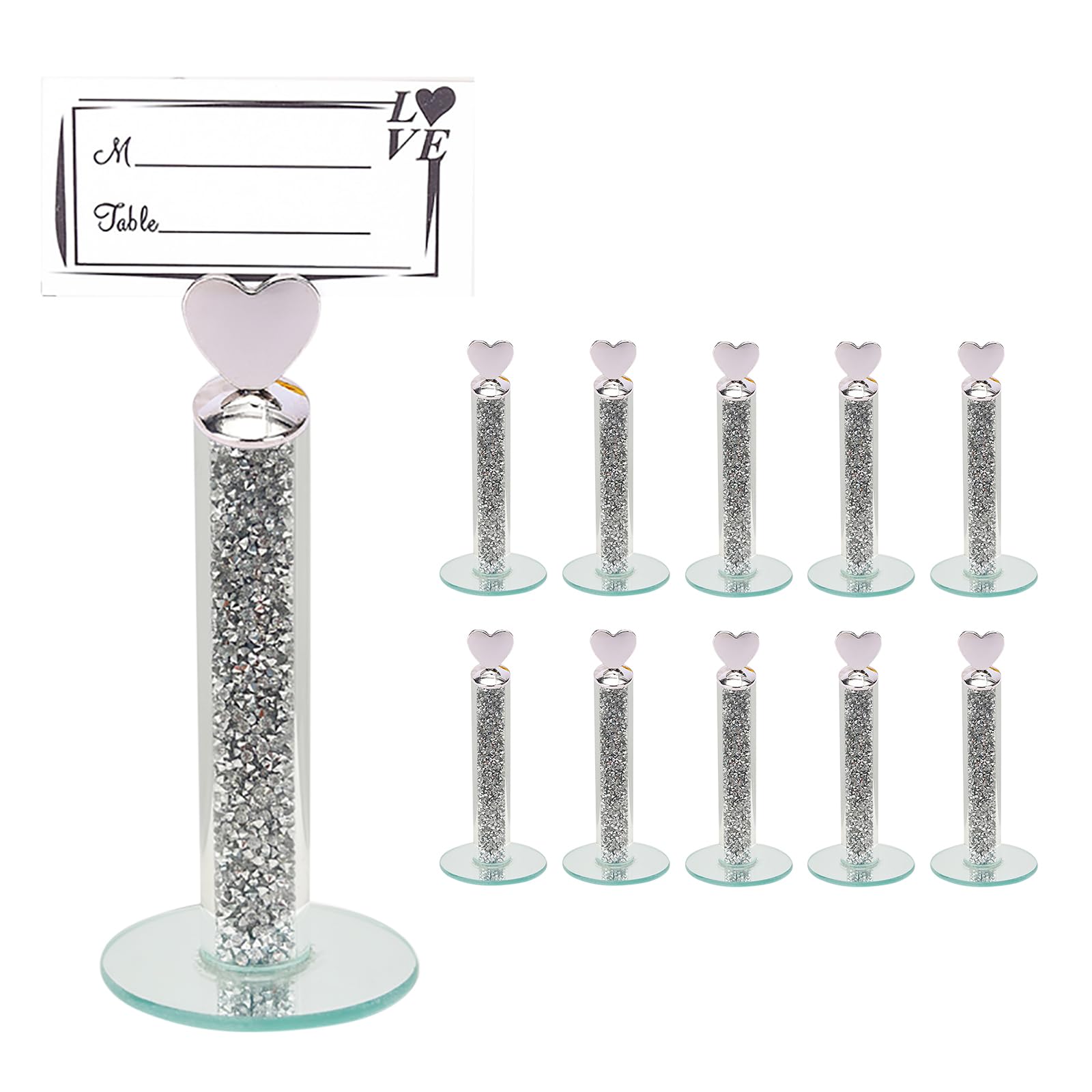 TACIDON 10Pcs Heart Table Number Holders with 10Pcs Table Numbers, Glamorous Crystal Crushed Diamond Place Card Holder, Table Card Holders for Home Wedding Dinner Party Events Decoration (Silver)
