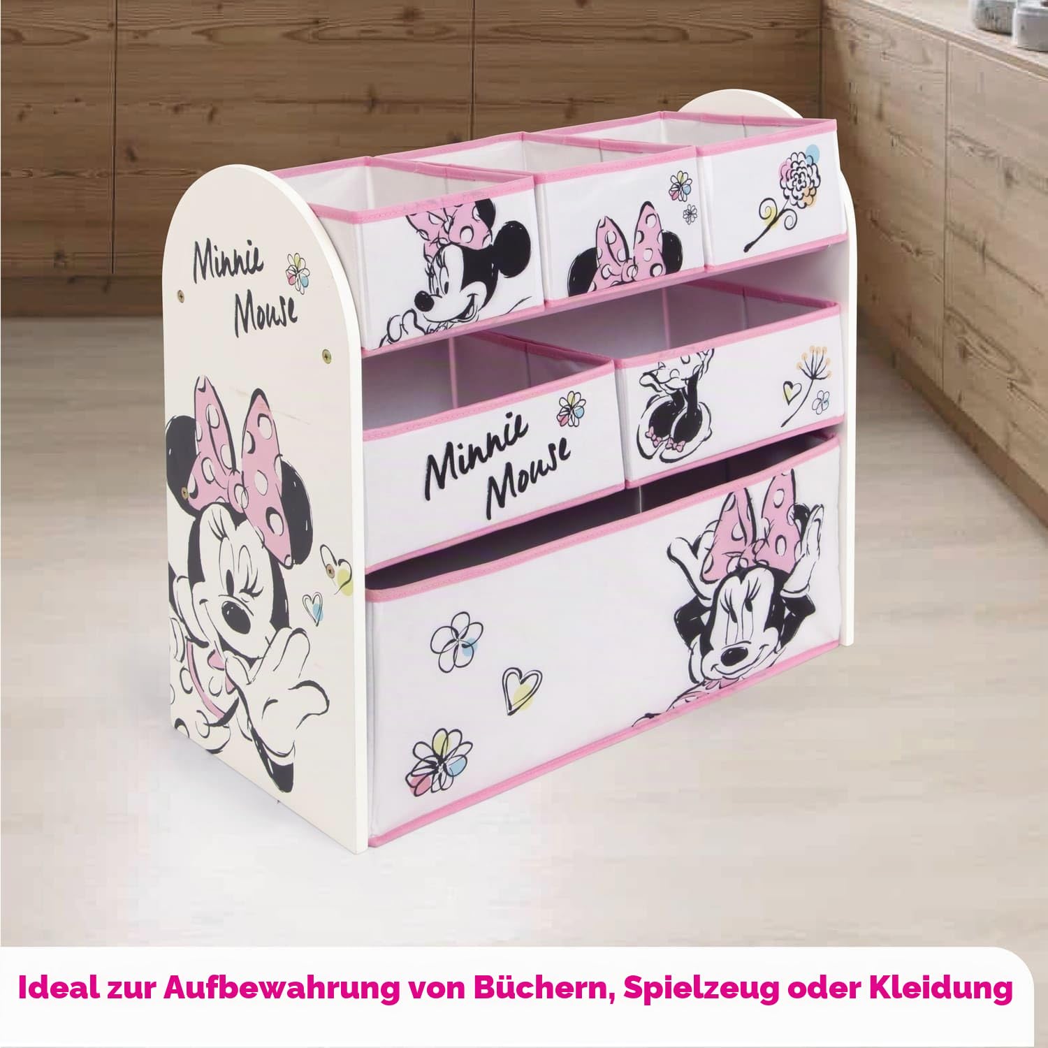 ARDITEX – Organizer aus Holz mit 6 Textilboxen mit Minnie-Mouse-Motiv von Disney – 62x30x60 cm – Farbe Schwarz-Weiß – Perfekt zum Aufbewahren von Spielzeug im Kinderzimmer