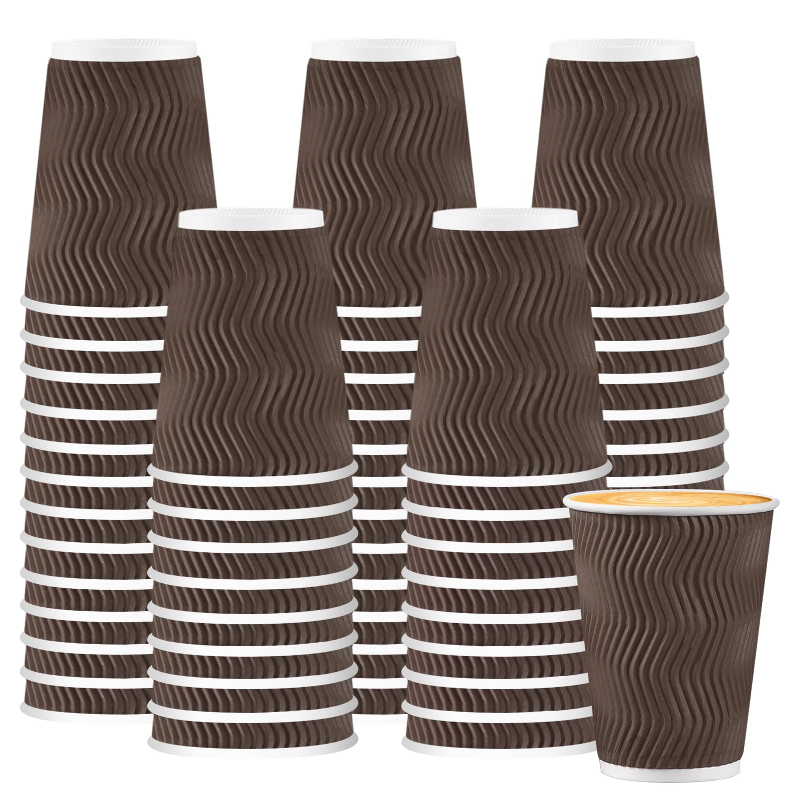 - 150 Pack 12 oz Coffee Cups, Disposable Insulated Corrugated Ripple Wall Paper Coffee Cups, Hot Cold Drinking Cups for Office, Home, Party, Cafe, Travel (Brown)