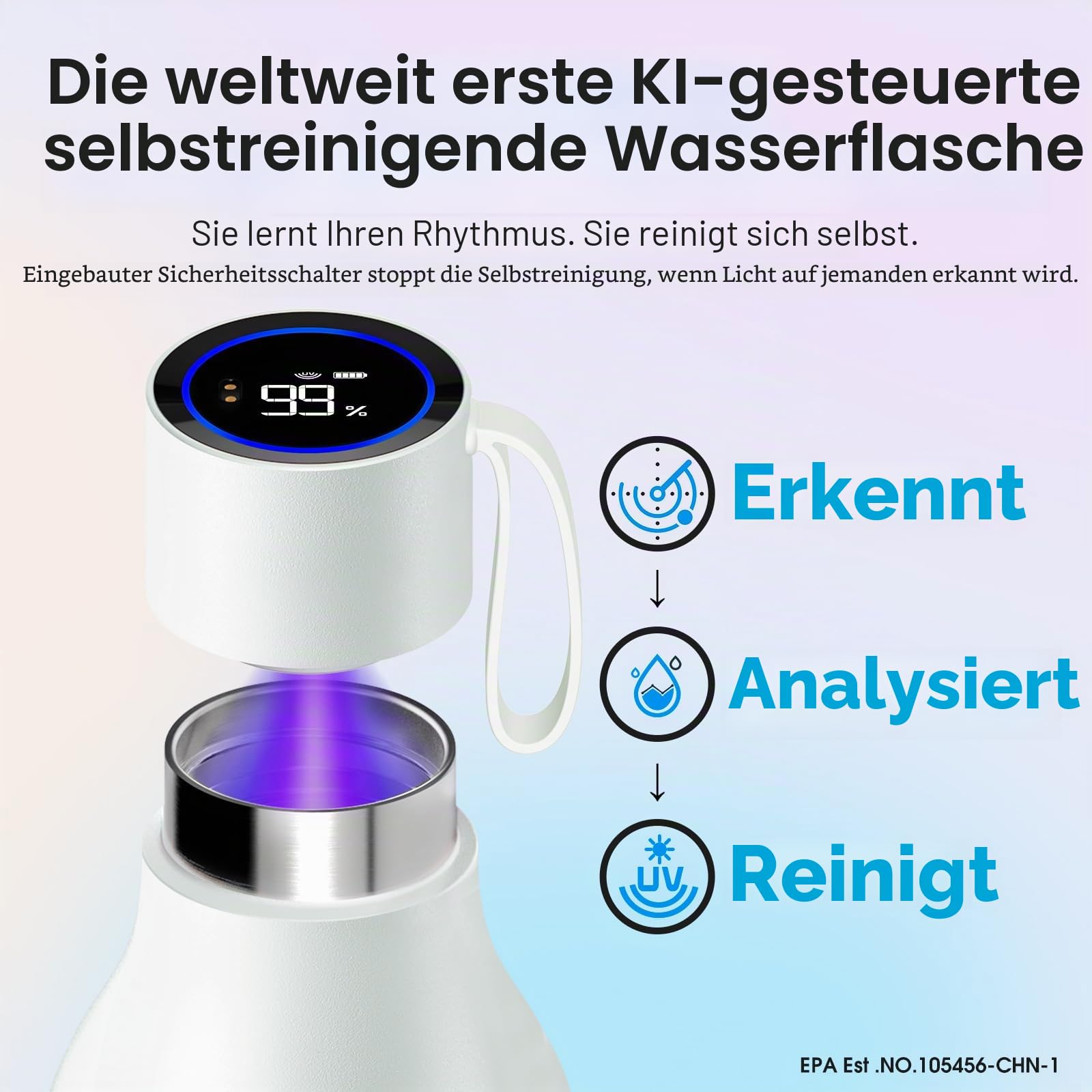 vsitoo Selbstreinigende Wasserflasche, 935.5 g Isolierte Edelstahl BPA Frei Smart Water Bottle, Touchscreen APP Control & Auto-Cleaning, Thermoflasche für Reisen, Weiß