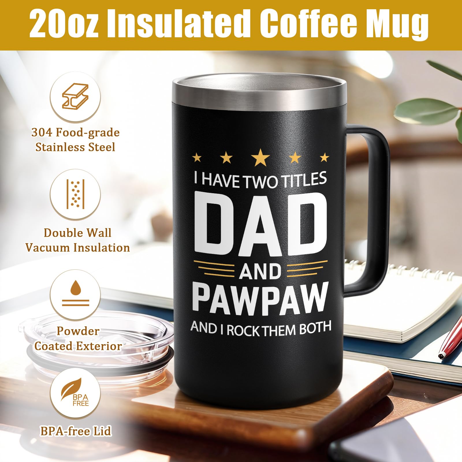 Lifecapido Pawpaw Fathers Day Gift, I Have Two Titles Dad And Pawpaw I Rock Them Both 20oz Insulated Coffee Mug with Keychain, Birthday, Fathers Day Gift, Black