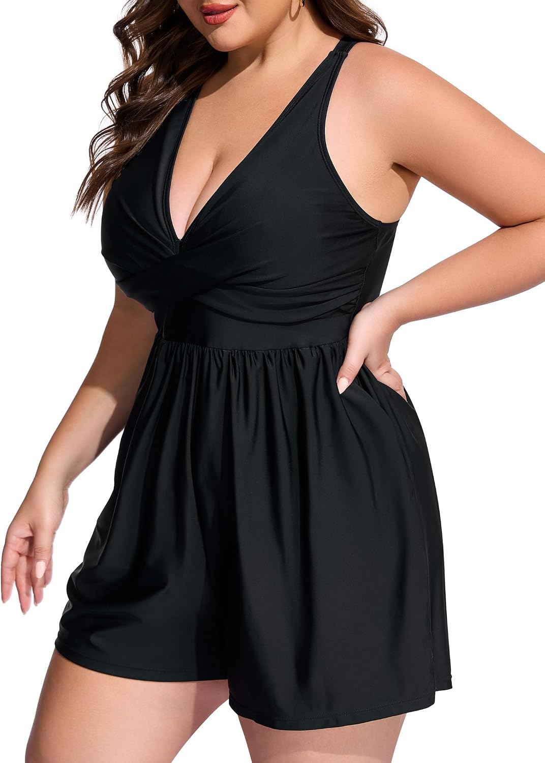 Smismivo Plus Size Swim Romper Women One Piece Swimsuit Modest Bathing Suit with Pockets Full Coverage Swimwear