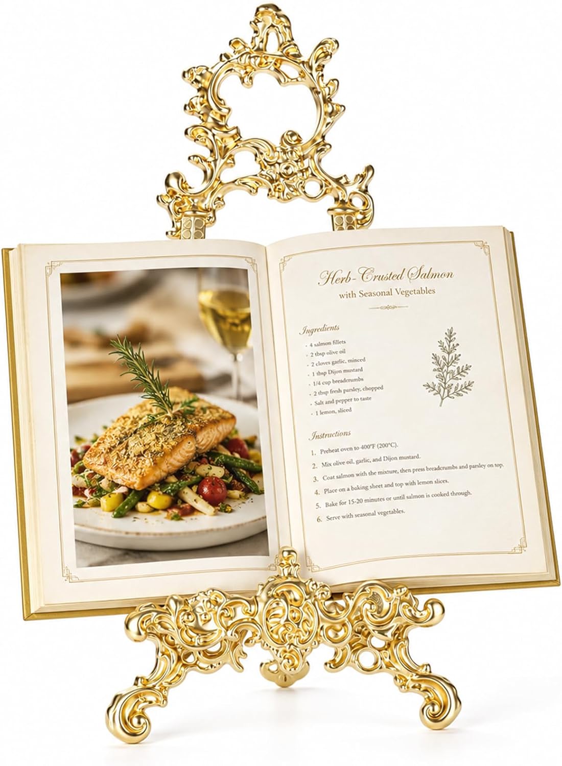 Ornate Metal Display Stand, Vintage Cook Book Stand, 11.4 x 5.1 in Picture Frame Easel with Floral Carvings, Gold Zinc Alloy Tripod Holder for Recipe Books, Decorative Plates, Wedding Tabletop Decor