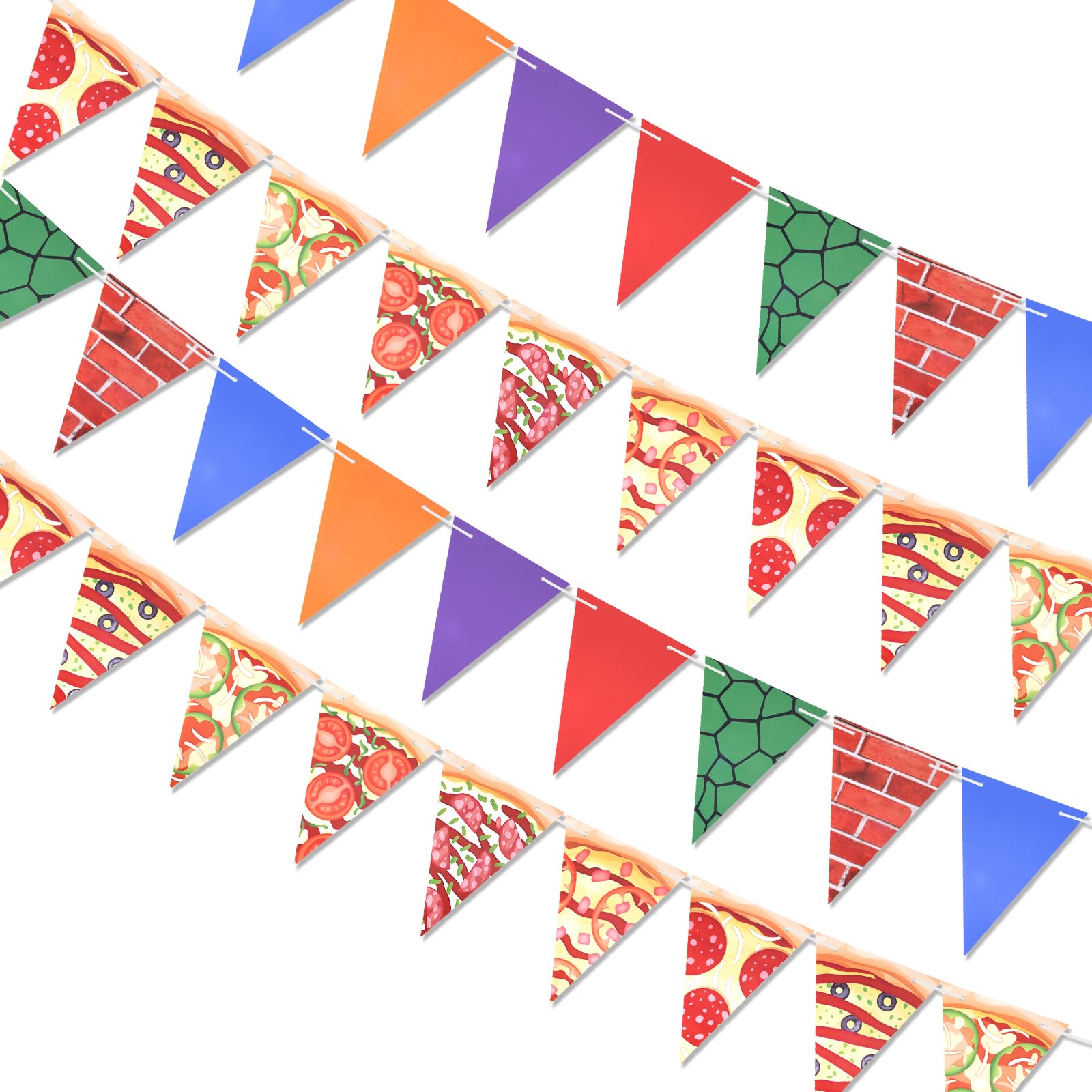 4pcs Pizza Pennant Banner and Turtle Banner, 9.8ft Pre-Strung Pizza Pennant Flag Garland Turtle Party Decorations for Pizza Themed Birthday Party