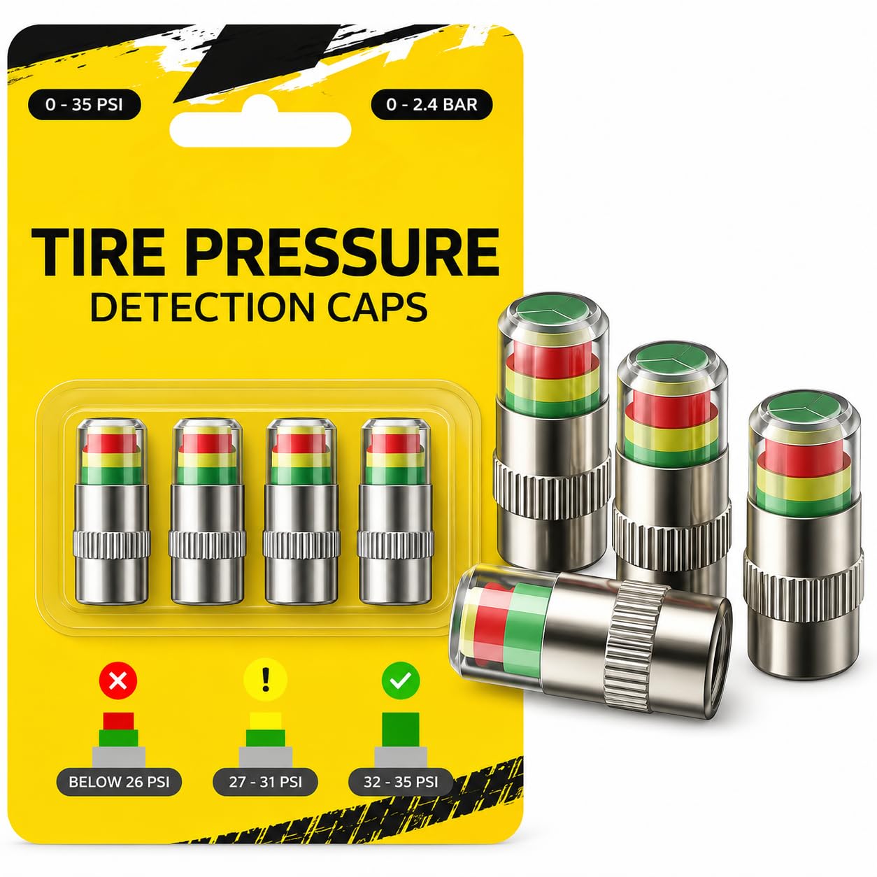Tire Pressure Indicator Valve Caps 4 PCS for Car Bike Motorcycle Bicycle, Color Coded Air Pressure Detection Caps, Metal Valve Stem Caps (0–35 PSI / 0–2.4 BAR)-image-14