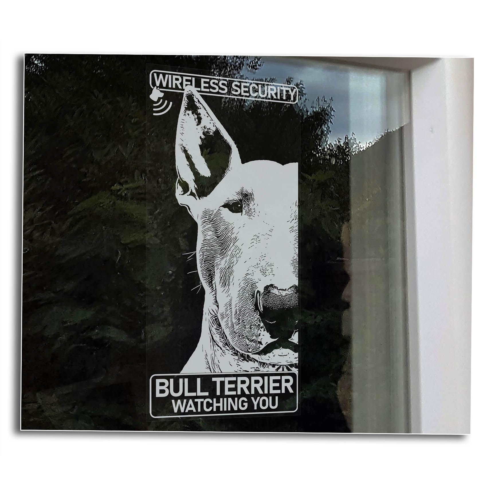 Bull Terrier Watching You - Sticker Security Sign, Home, Van, Car Window Decal, Pet Dog Owner Gift -V10 (Internal - White Reverse Print)