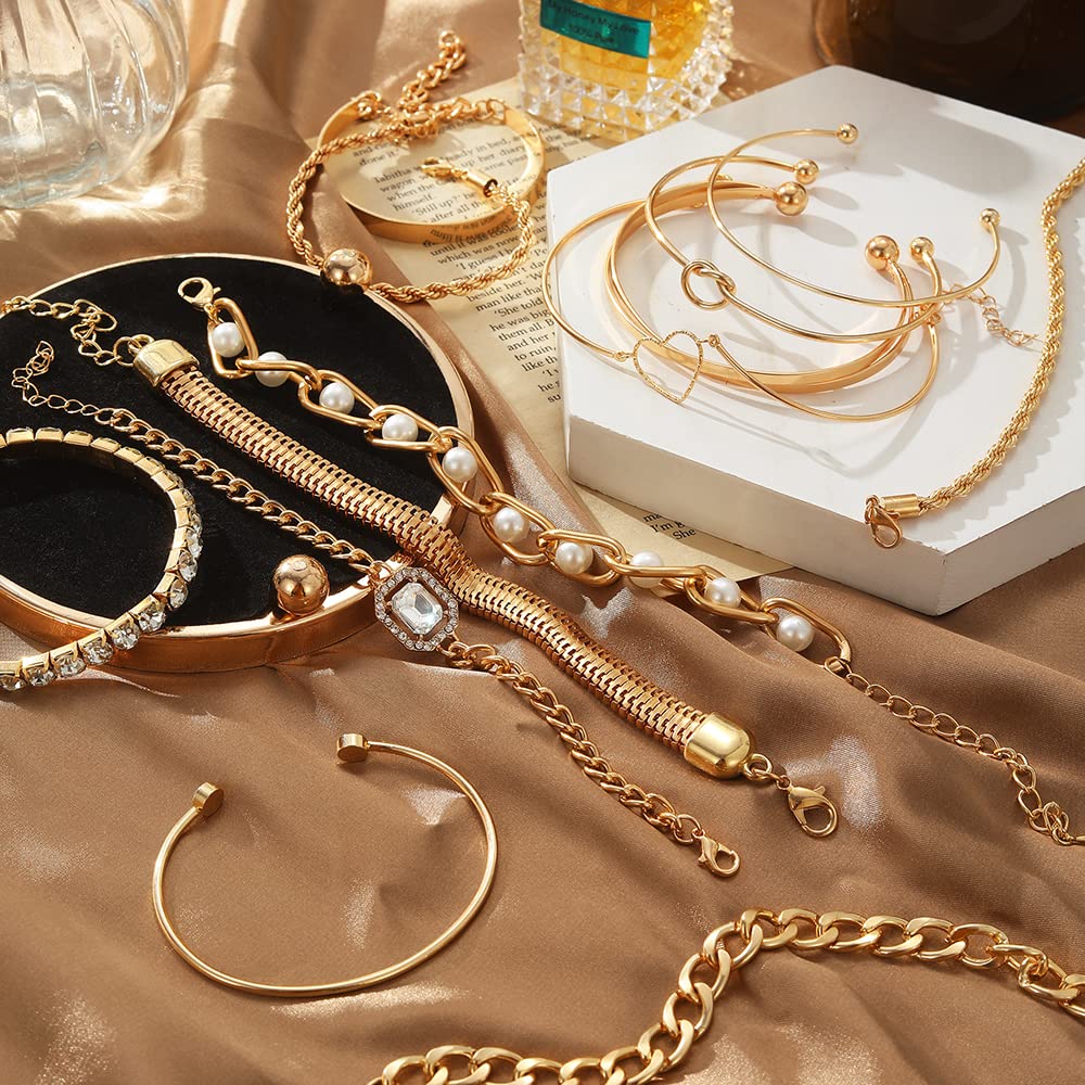 Juego de 15 pulseras doradas para mujer, pulseras abiertas apilables de múltiples capas, cadena de eslabones cubanos ajustables, delicadas joyas estéticas clásicas 7