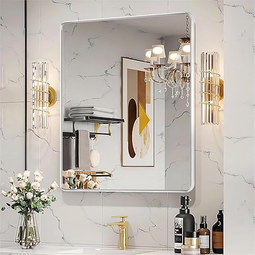 Wanzvisk Espejo de baño plateado 40x32, espejo de tocador de baño montado en la pared, espejo rectangular con marco de metal