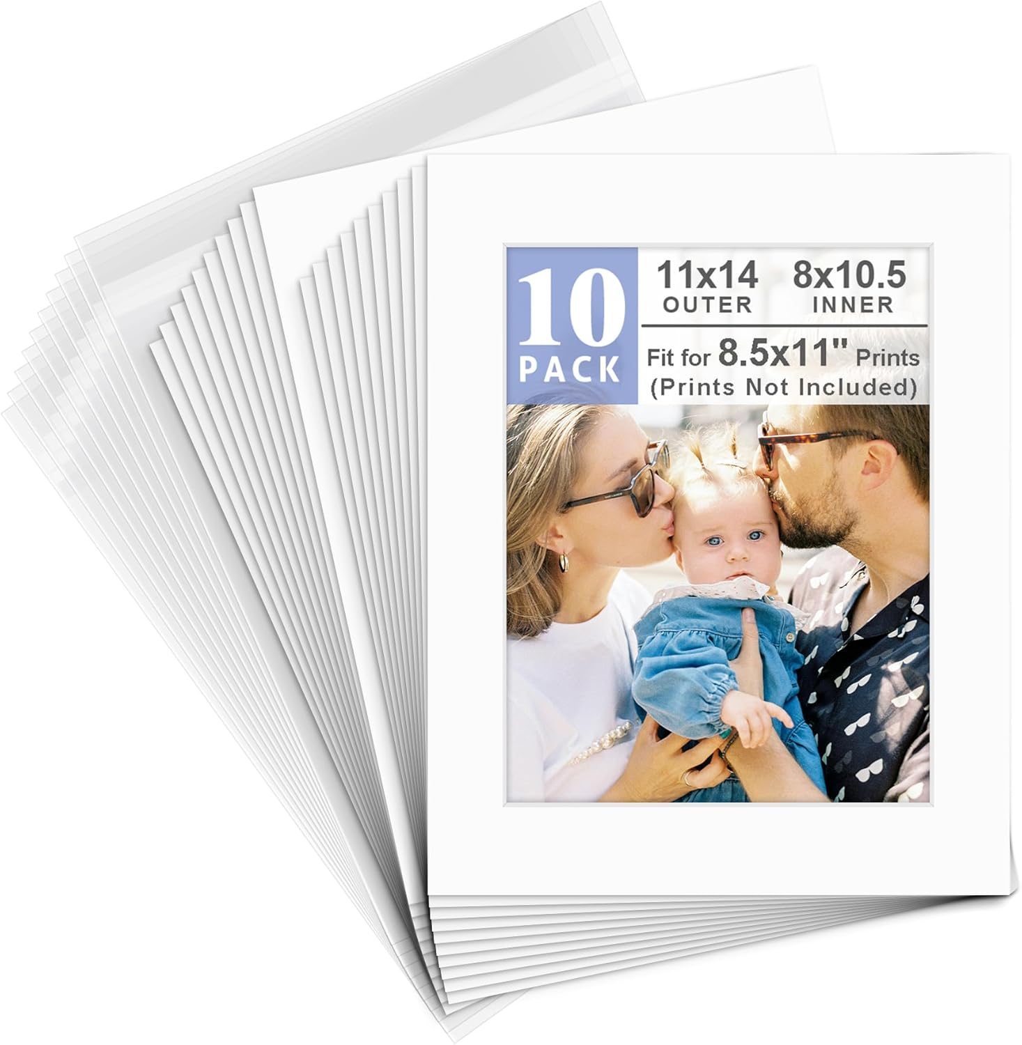 Golden State Art, Pack of 10, 11x14 White Picture Mat Full Set - Fit 8.5x11 Photo/Certificate - High Premier Acid Free Bevel Pre-Cut White Core Mattes - Includes 10 Backing Backer Board & Clear Bags