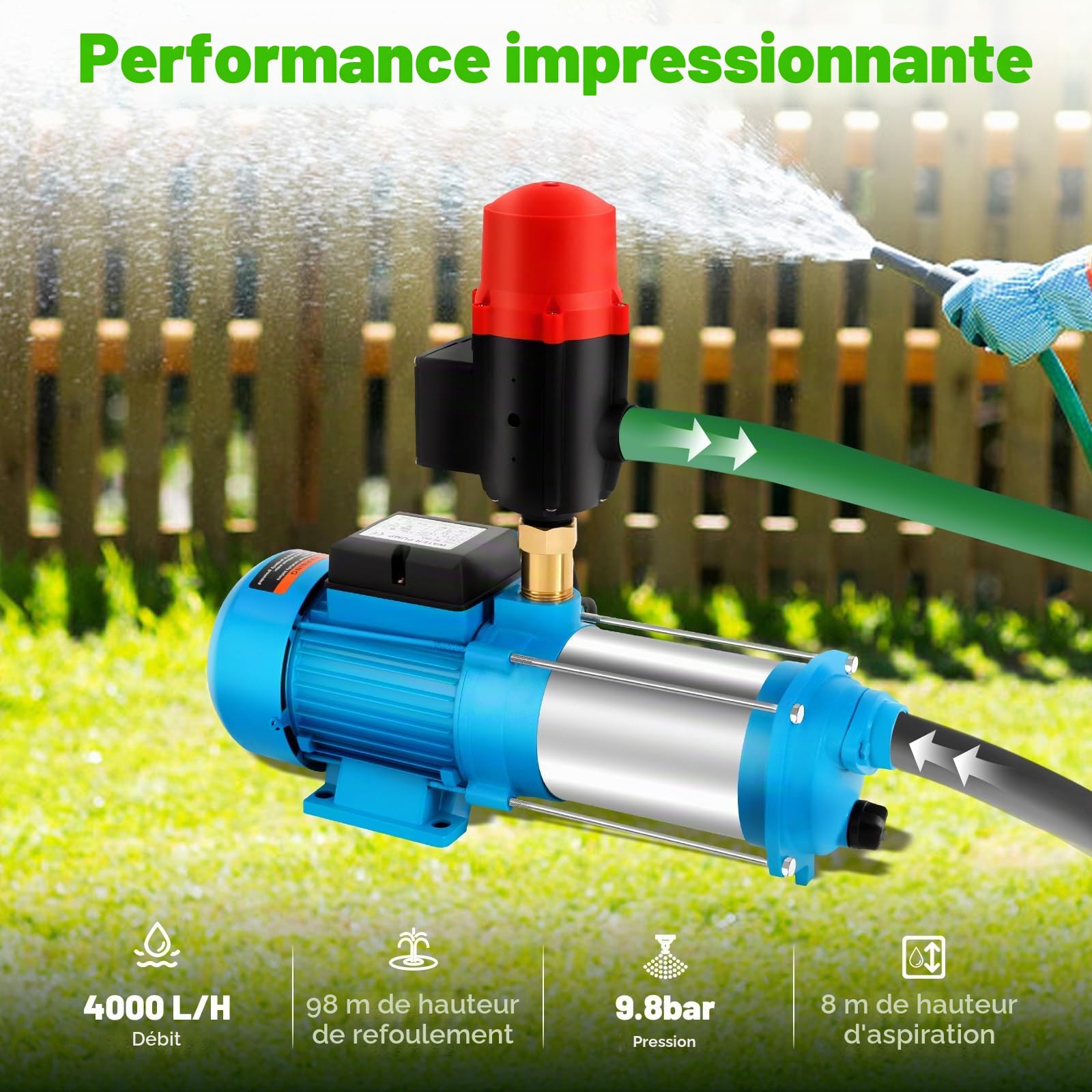 Pompe centrifuge de jardin 1300 W - Pompe à jet professionnelle avec interrupteur à pression - Pour arrosage des fermes, des étangs, des étangs - Classe de protection IP44 - Débit maximal