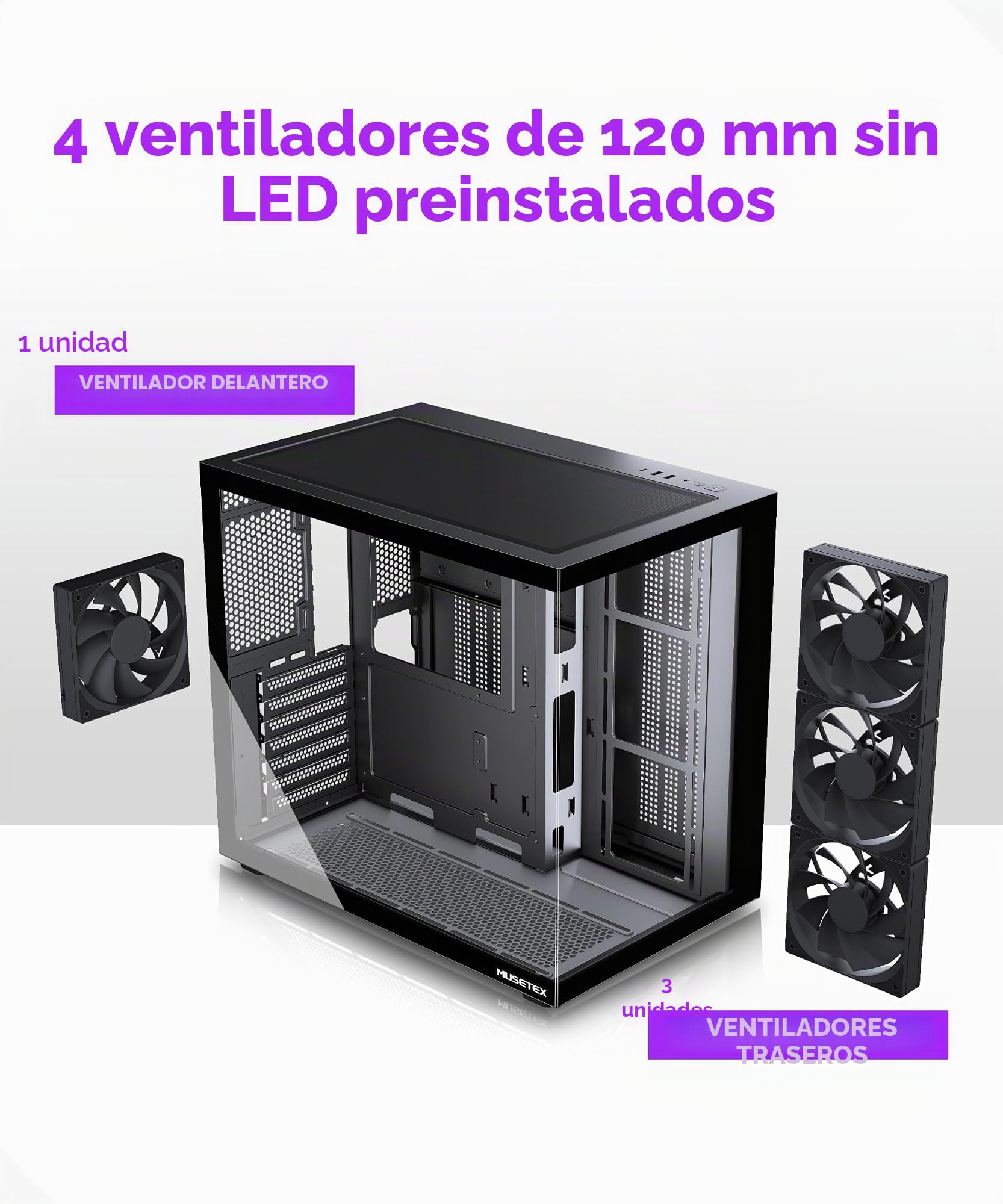 MUSETEX Y6 Caja PC ATX Torre Mediana Gaming con Tipo-C Cristal Templado 270° Negro