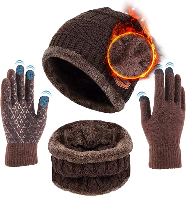 Aisprts Men Women Knitted Hat Scarf Gloves Set Winter Thermal Beanie Snood and Touchscreen Gloves Soft Fleece Lining Winter Hat for Men and Women