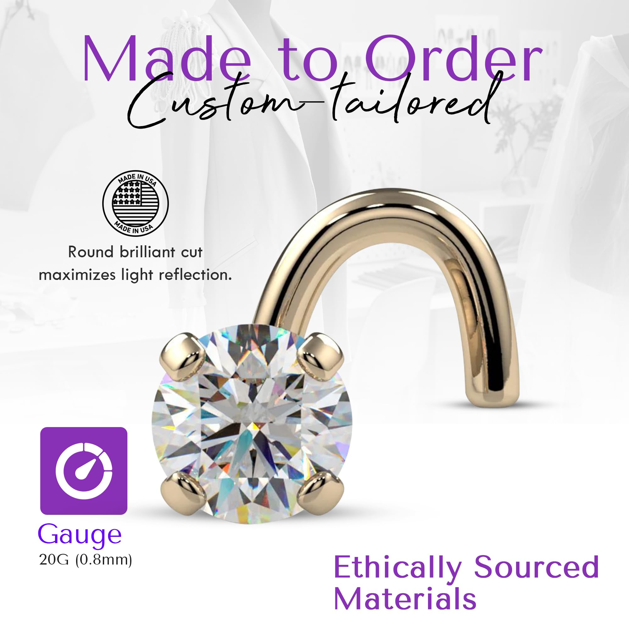 FreshTrends Diamond Nose Ring – 20G 2mm (0.03 ct. tw) Genuine Nose Stud – 14K Real Gold Nose Ring Twist Screw – Made in USA Nose Rings for Women