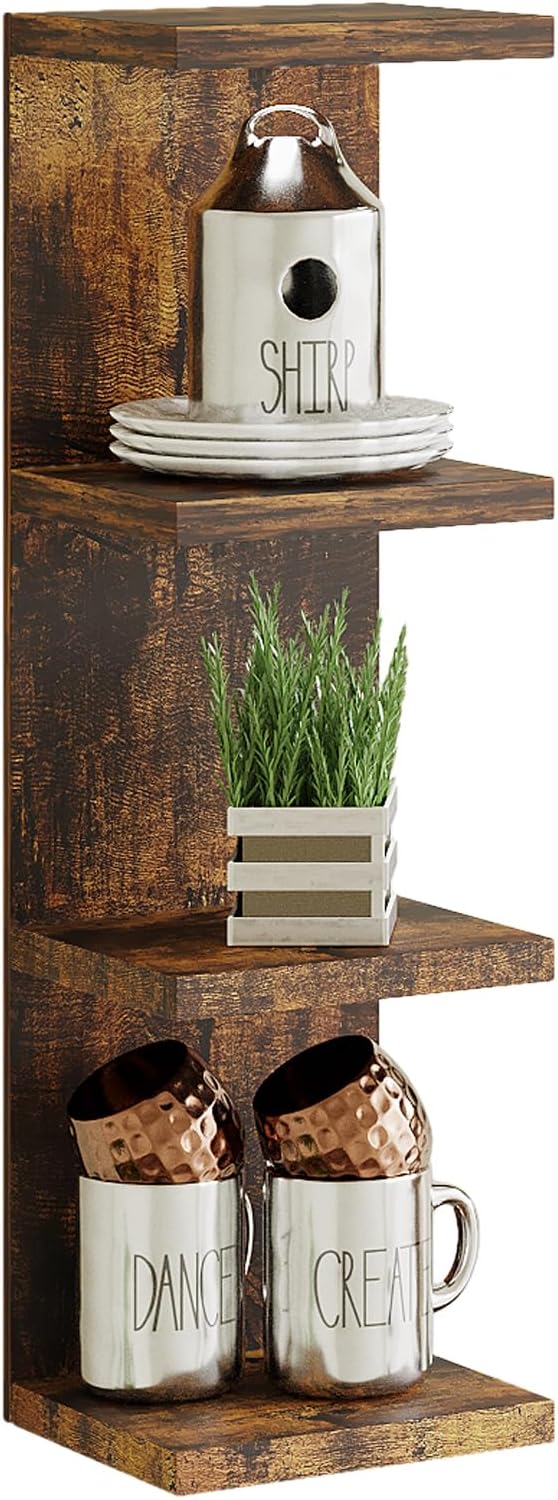 Versatile 4 Tier Wall Shelf Unit,Pink Lack Wall Shelf,Display Floating Shelf with LED Remote Control Light-Rustic Brown