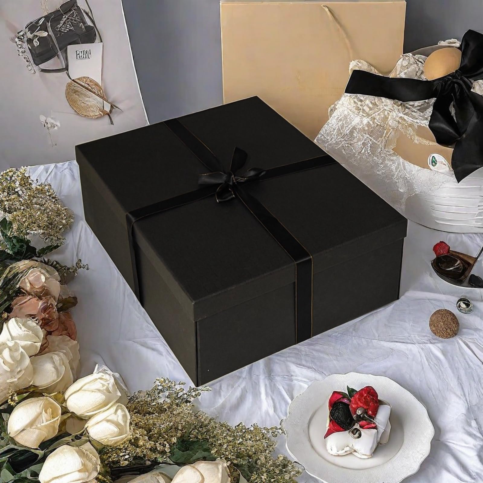 YINUOYOUJIA Große schwarze Geschenkboxen, 41,9 x 33 x 14 cm, schwarze Boxen mit Deckel, für Geschenke, Geburtstag, Valentinstag, Muttertag, Weihnachten, Jahrestag, 3 Stück.
