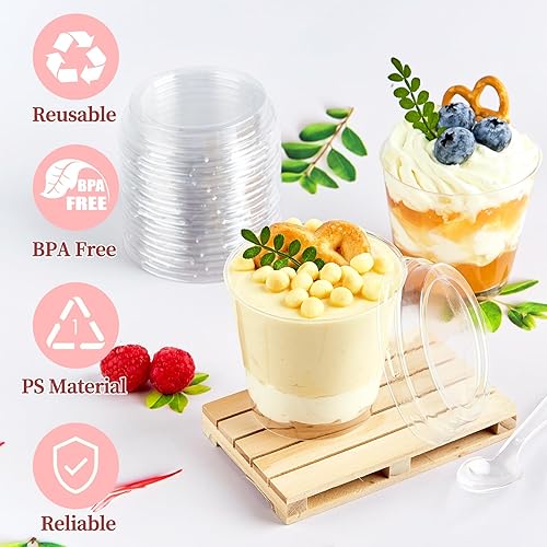 Miniatura 3 de TOFLEN Paquete de 50 tazas de postre de 6 onzas con tapas y cucharas, tazas redondas para servir fiestas para parfait, aperitivos, cócteles,