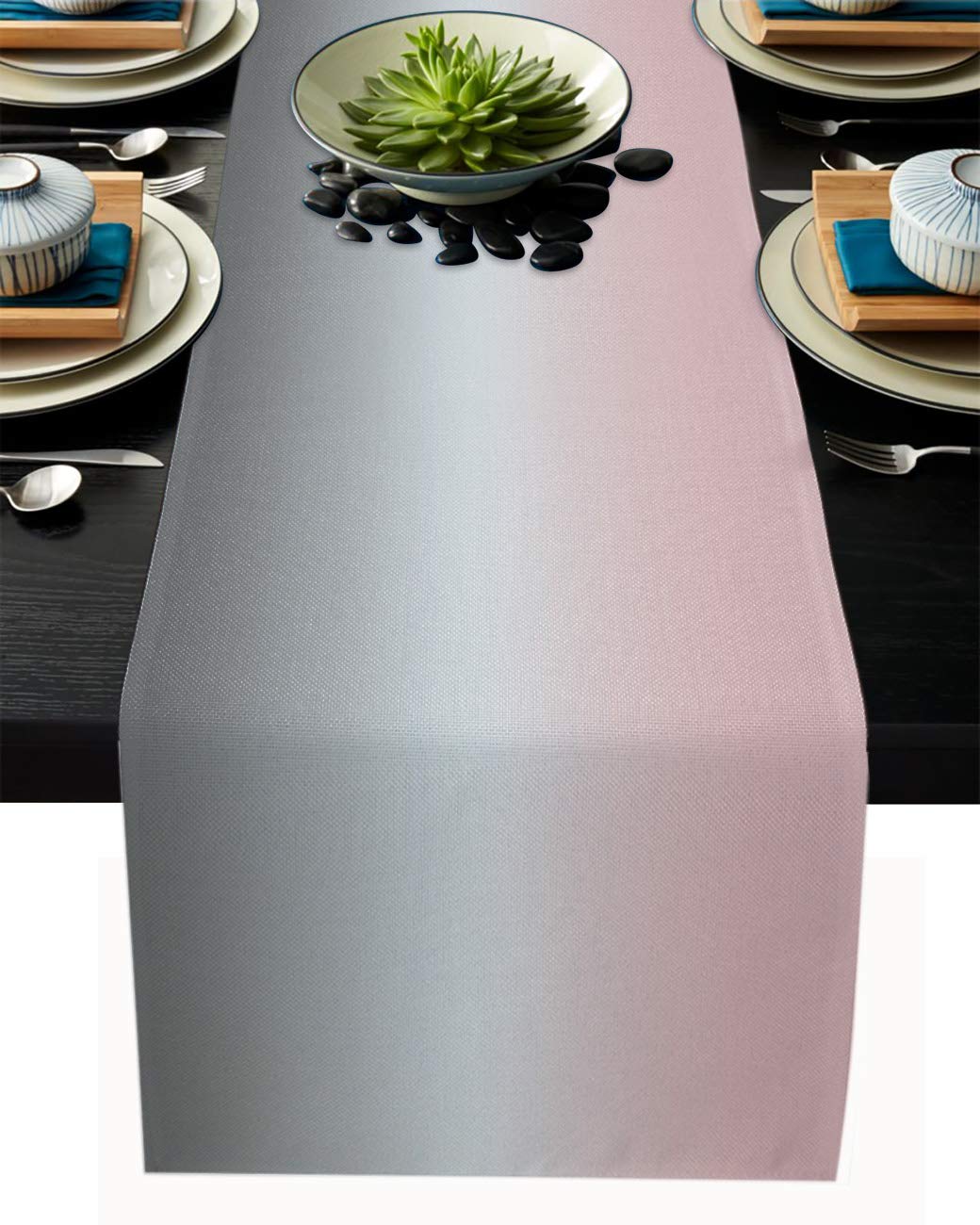 Ombre Cotton Linen Rectangle Table Runners 13''x36'', Gradient Pink and Grey Luxury Table Runners for Wedding Party Banquet Dinner Decor